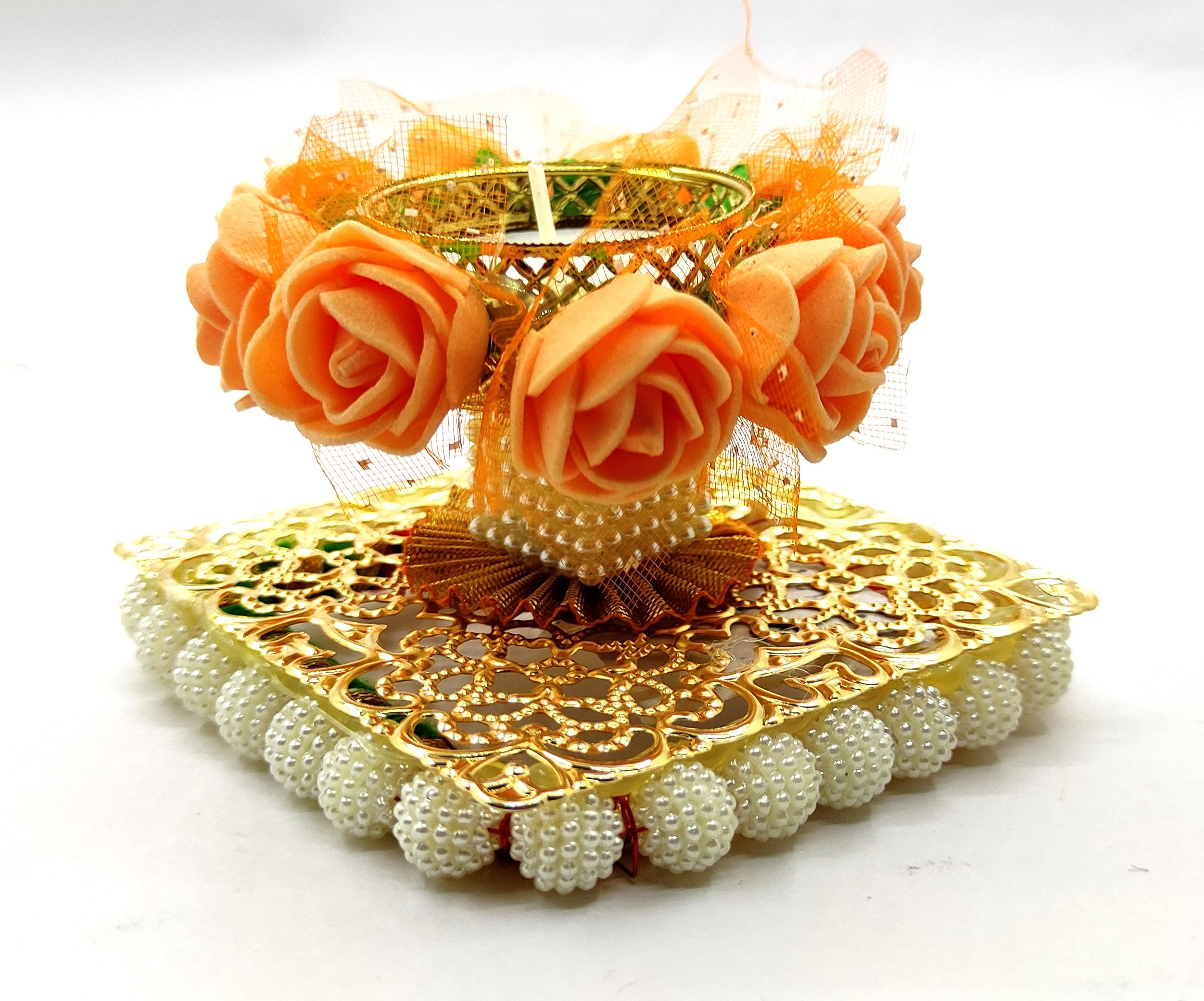 Vibhushita Metal and Plastic Designer Artificial Flower Decorative Handmade Traditional Diwali Oil Wax Lamp with T-Light Candle