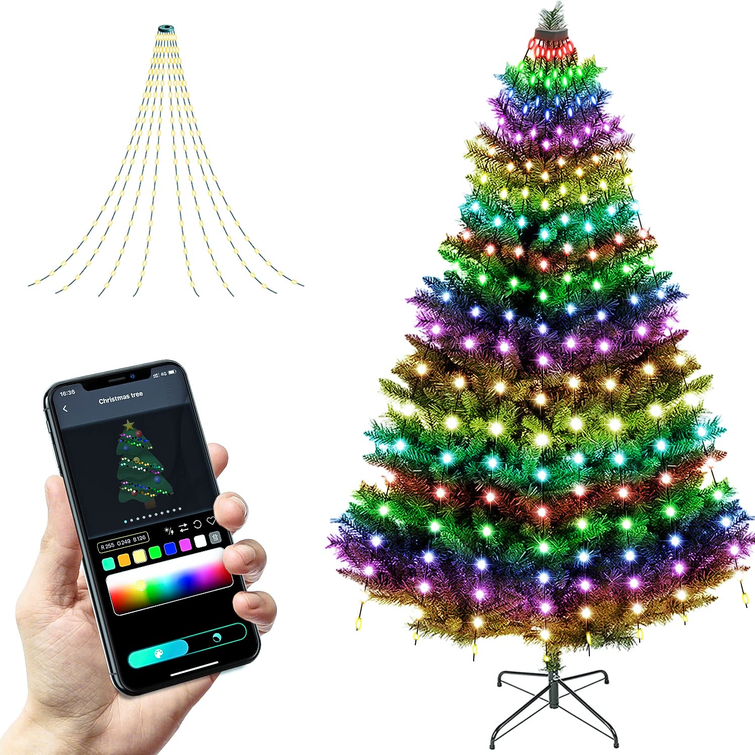 2win2buy Christmas Tree String Lights Decorations with Ring Smart APP, 160 LED Waterfall Lights IP65 Waterproof Multi-Modes with