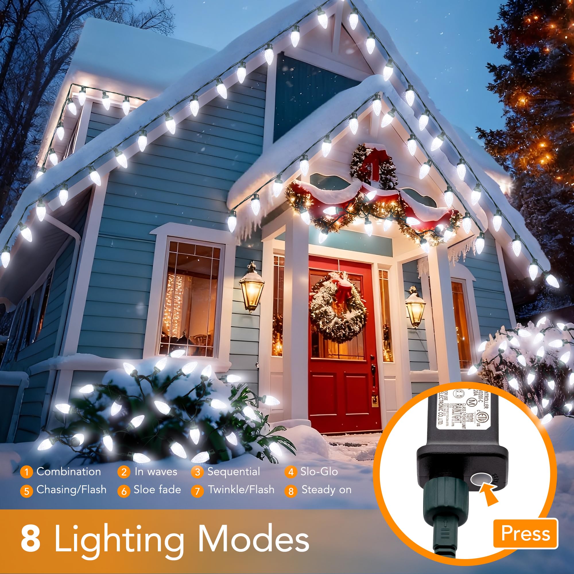 Ucutely C9 Led Christmas Lights Outdoor 33 Feet 50 Led 8 Lighting Modes Waterproof Connectable Christmas String Lights For Outside Roofline Patio Home Xmas Decorations (Cool White)
