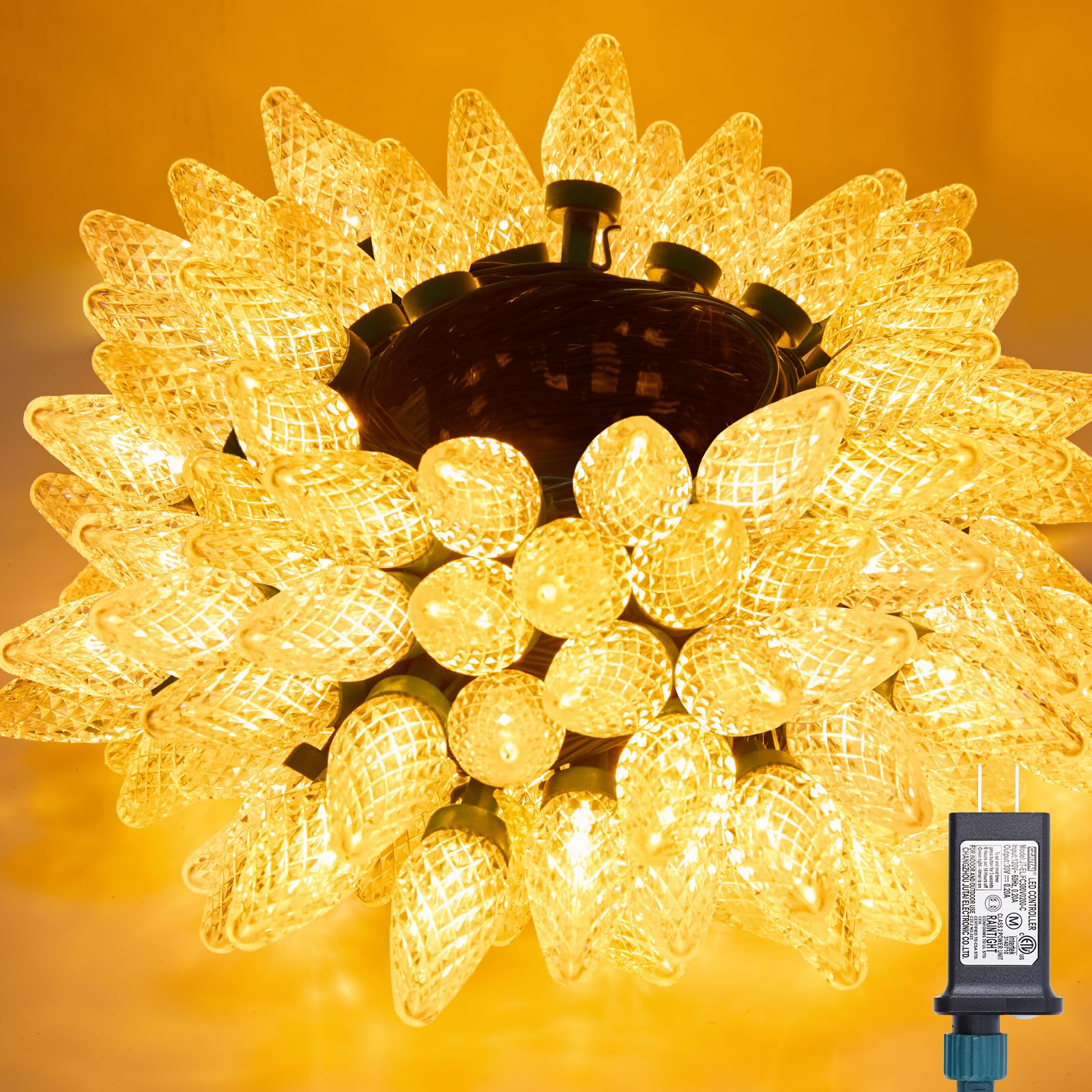 Minetom C9 LED Christmas Lights - 200 LED, 147 FT, Warm White, Waterproof, Timer & 8 Modes, Indoor/Outdoor Use, Model JT-EL/FC300V