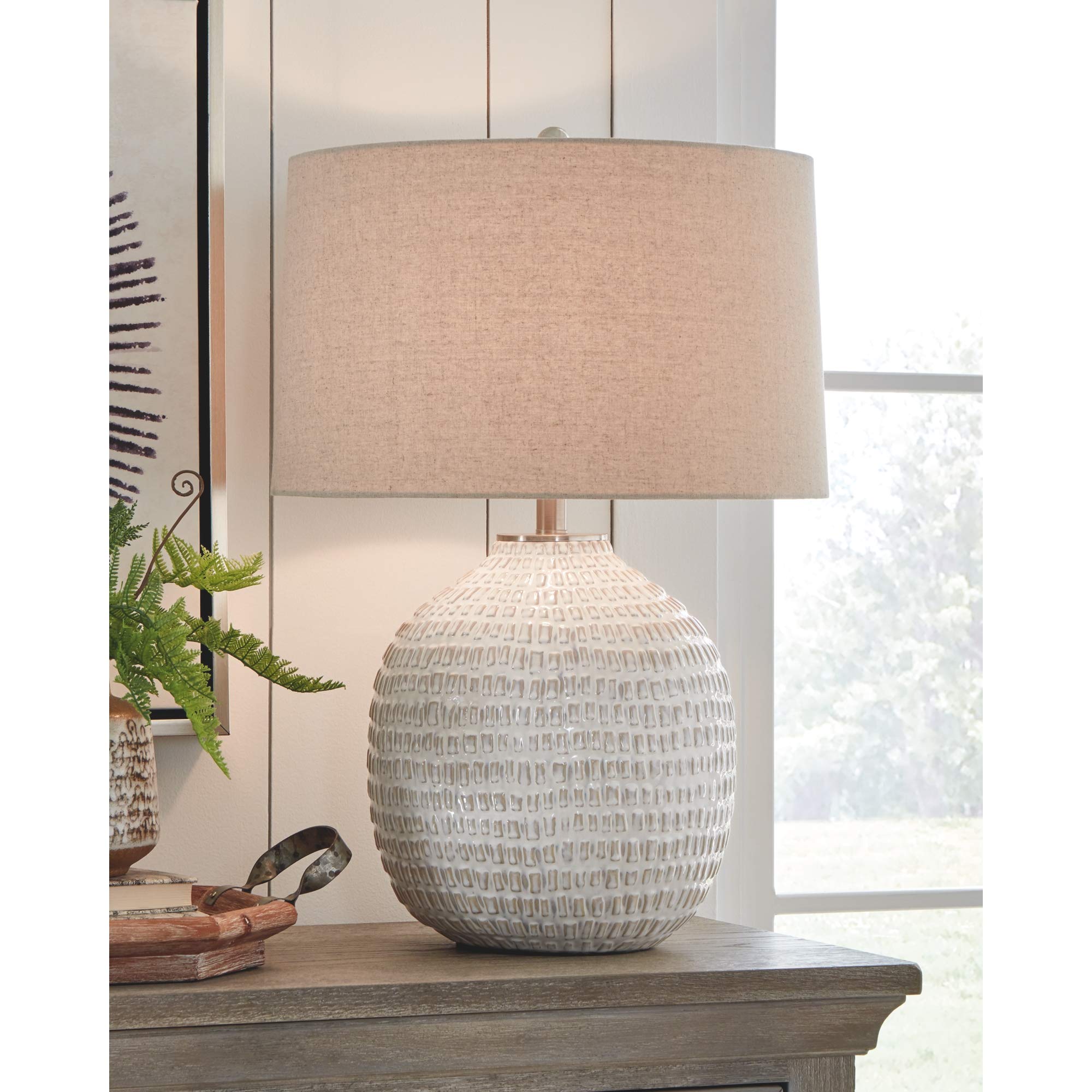 Signature Design by Ashley Ceramic Table Lamp, 26in Round, Textured, Beige, Model L100764