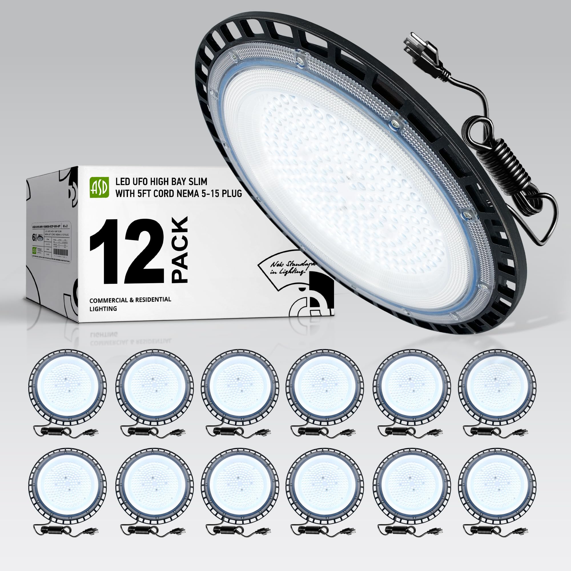ASD 150W LED Low Bay Lighting, Ceiling Pendant Work Light - 5FT Plug-in Cord, IP65 Waterproof, Low Profile - 18000LM 5000K 120-2