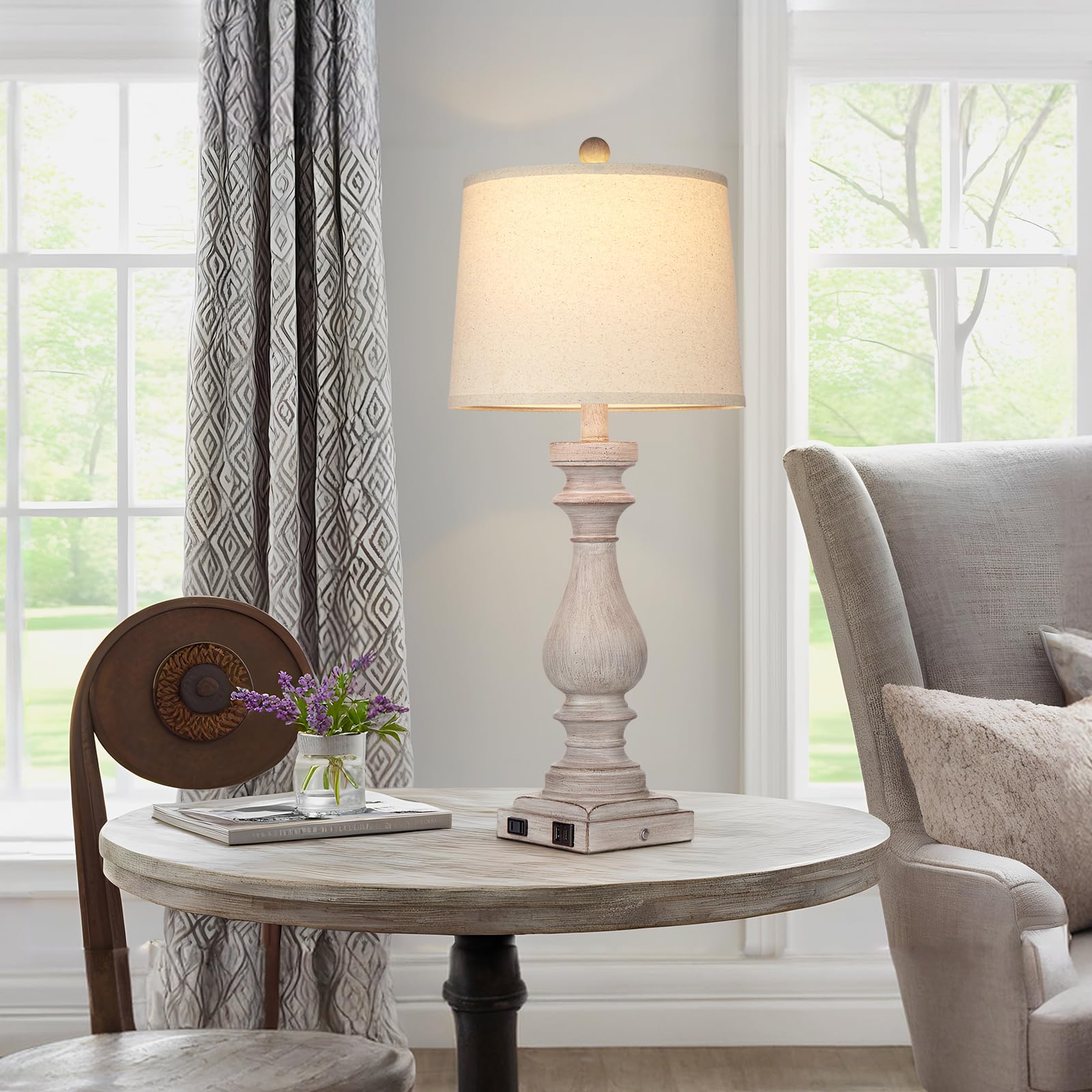 Rinweey 27.5'' Farmhouse Table Lamp For Living Room,Vintage Bedside Lamp With Usb C+A Ports & Ac Outlet,3-Way Dimmable Touch Con