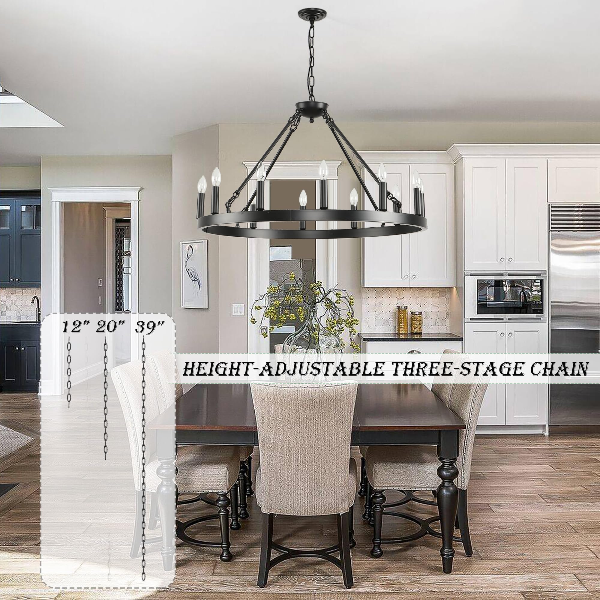 Zbmyrbzj 32&quot; Black Wagon Wheel Chandelier, 12-Light Industrial Ceiling Light For High Ceilings