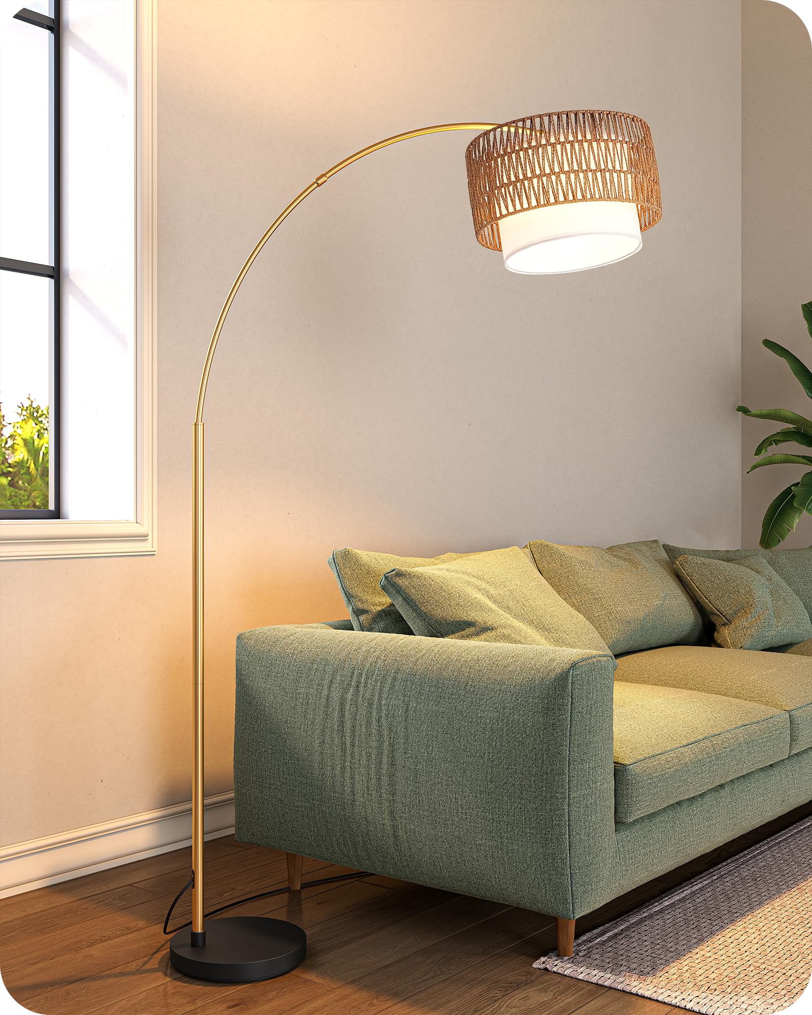 EDISHINE 76'' Gold Arched Floor Lamp with Remote, Boho Farmhouse Floor Lamp with Rattan & Fabric Shades, Tall arc Standing Lamp 