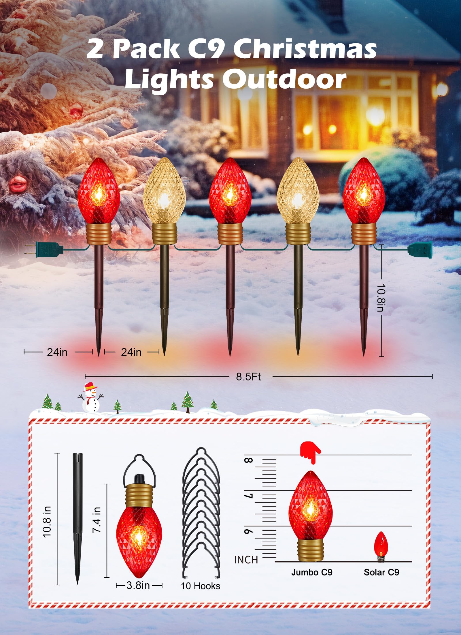 Brightown Strawberry Jumbo C9 Christmas Pathway Lights - Outdoor 2 Pack, Total 17Ft, 10 Led C9 Walkway Lights, Holiday Path Deco