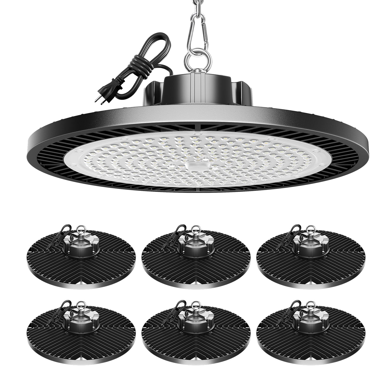 Upgrade 350W UFO High Bay LED Lights - 6 Pack, 52500LM, 5000K, 5' US Plug Cable, Bright Shop Lights for Garage, Workshop, Factor