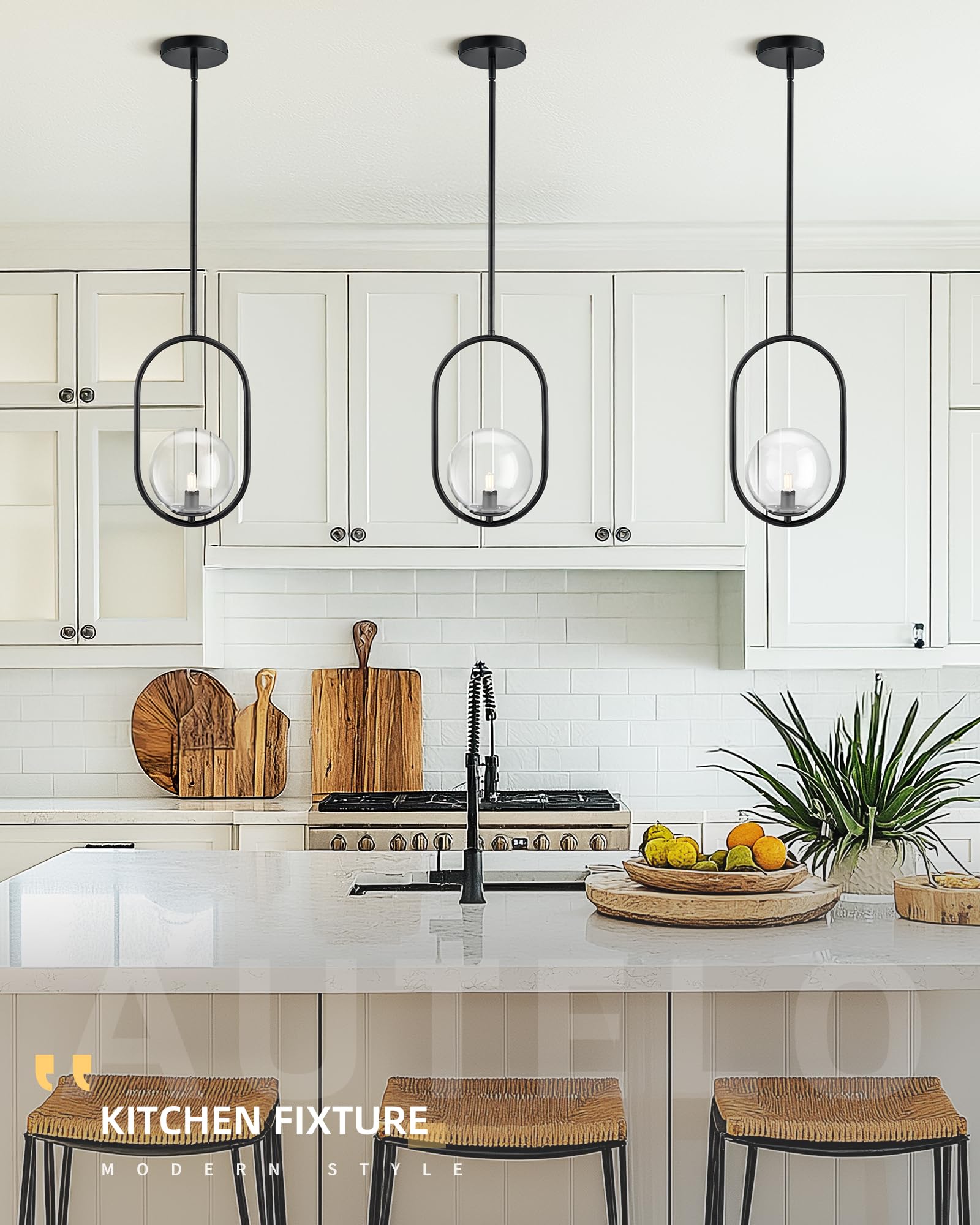 Autelo 1-Light Matte Black Pendant Lights Kitchen Island  Kitchen Pendant Lighting Over Island With Clear Globe Glass  Black Hanging Lamp With Adjustable Rod For Kitchen Island H9376 Clbk