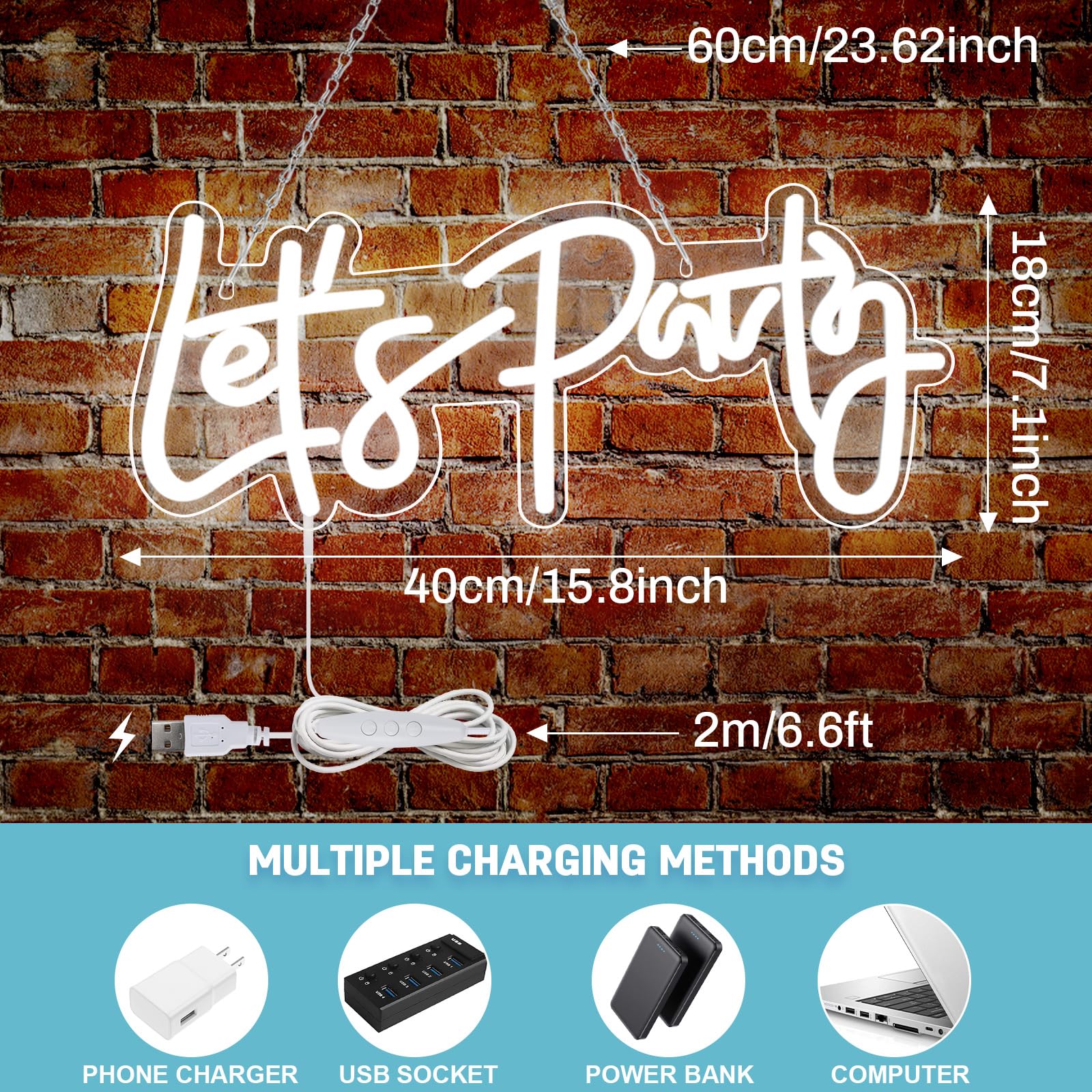 SERBASIC Lets Party Neon Sign - Dimmable LED Light, 16in x7in , White, USB Powered, Transparent Acrylic Panel