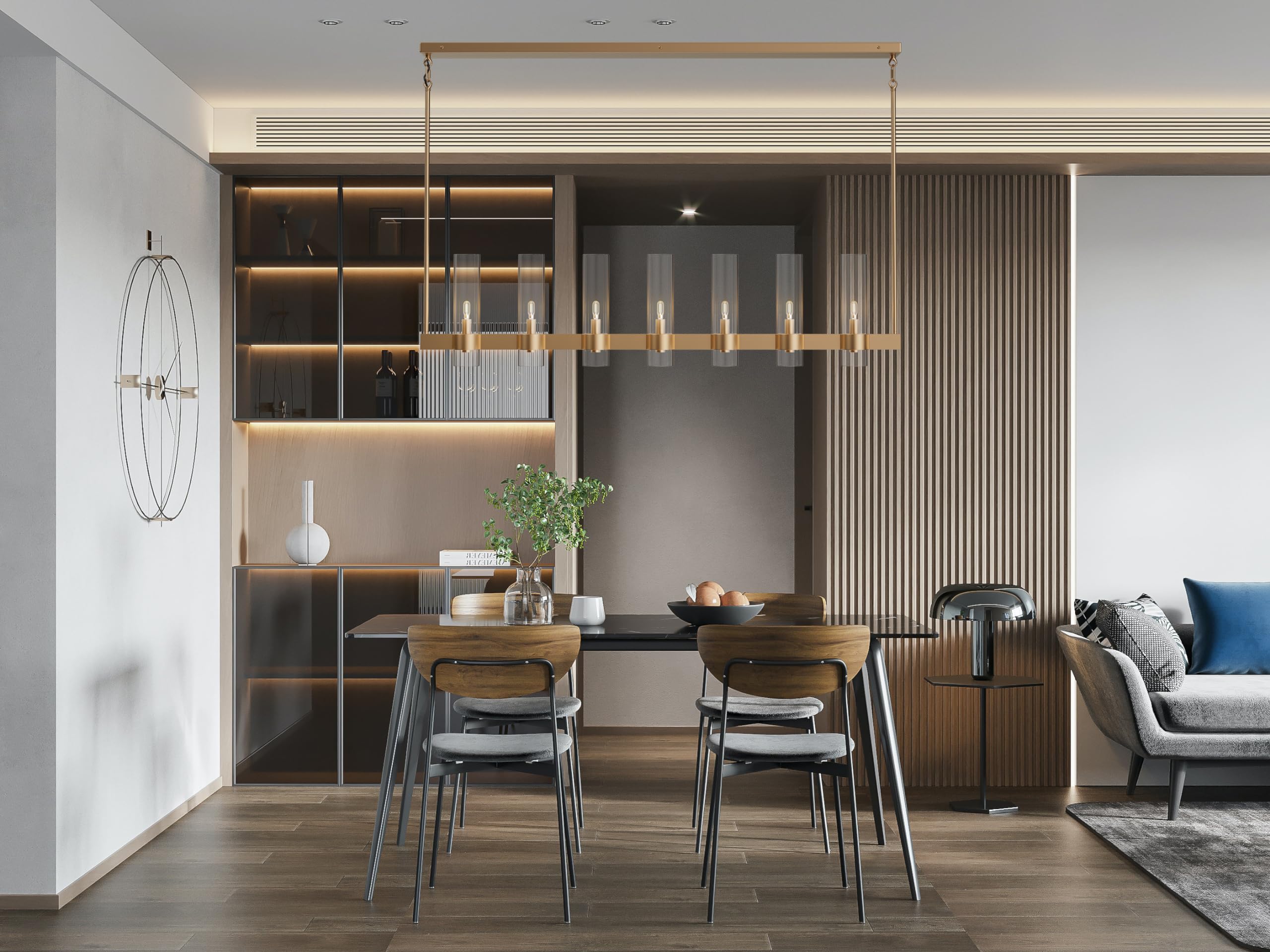 Yiosi Brass Kitchen Island Lighting- 7-Light Linear Chandelier  Adjustable 47 Modern Farmhouse Rectangle Pendant Light Fixtures  Dining Room  Bedroom
