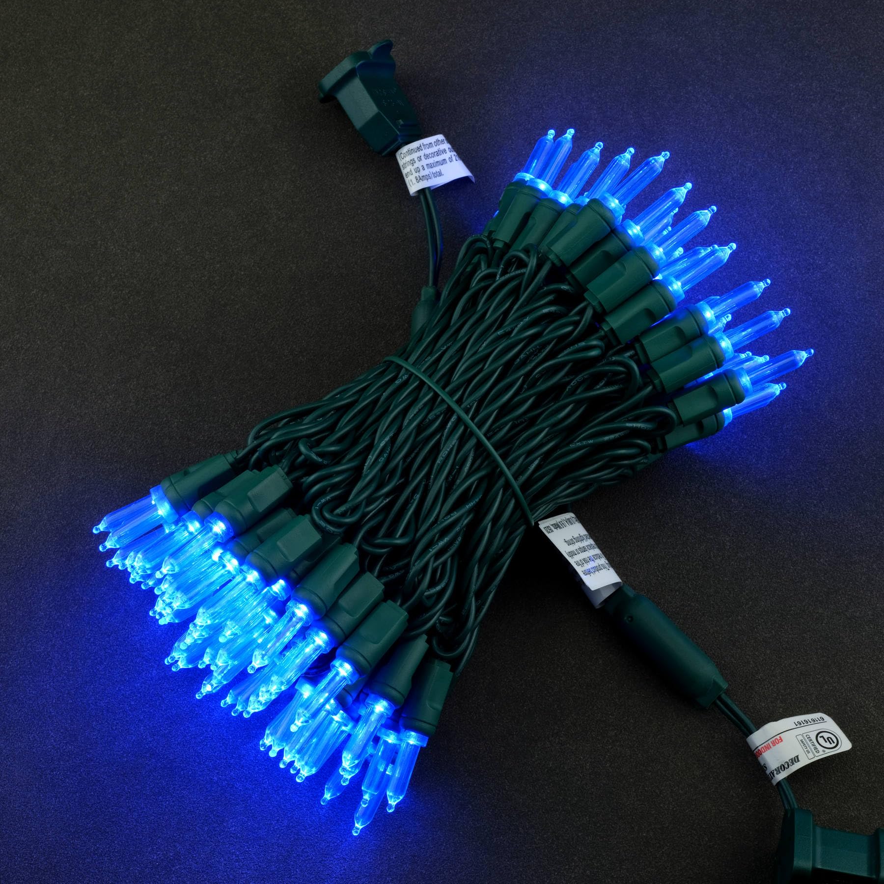 YULETIME 100 Blue T5 LED Christmas Lights, 33 ft Waterproof Green Wire, UL Certified