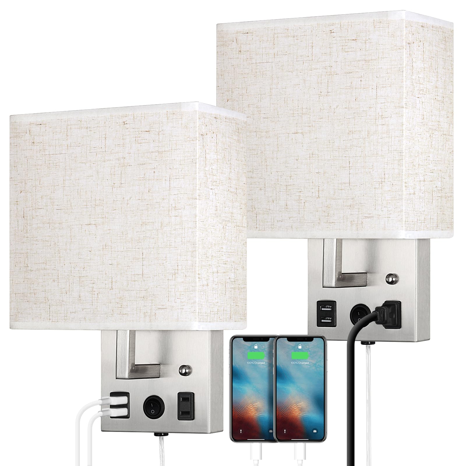Caduke Wall Lamp Set Of 2, Plug-In With Usb Ports, Brushed Nickel, E26 Led Bulb Included, Modern Sconces For Bedroom & Living Room
