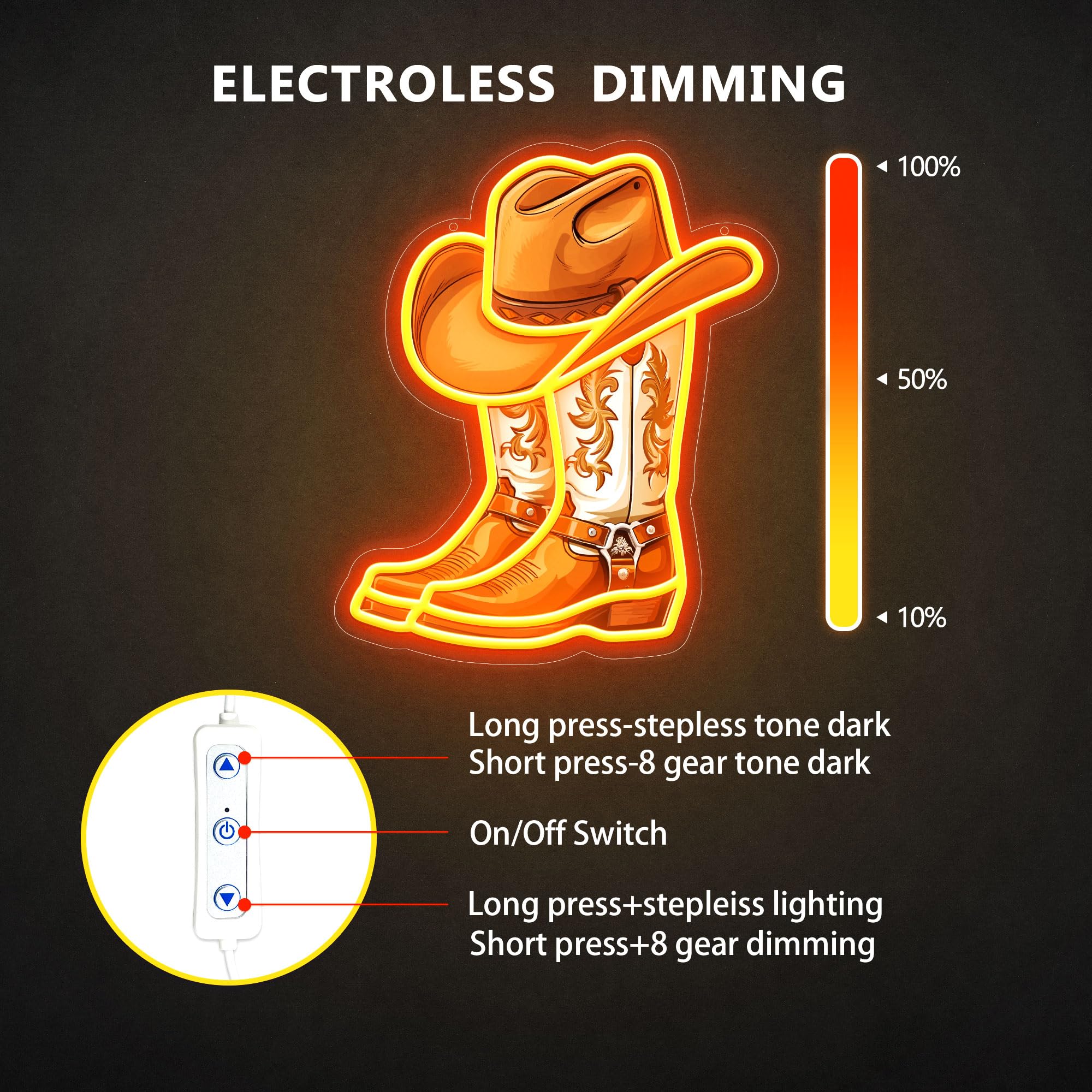 ZLOOREE Cowboy Boot Neon Wall Sign, Dimmerable LED Decor, 13x11 Inches, Golden Yellow, Silicone, Perfect for Game Room & Parties