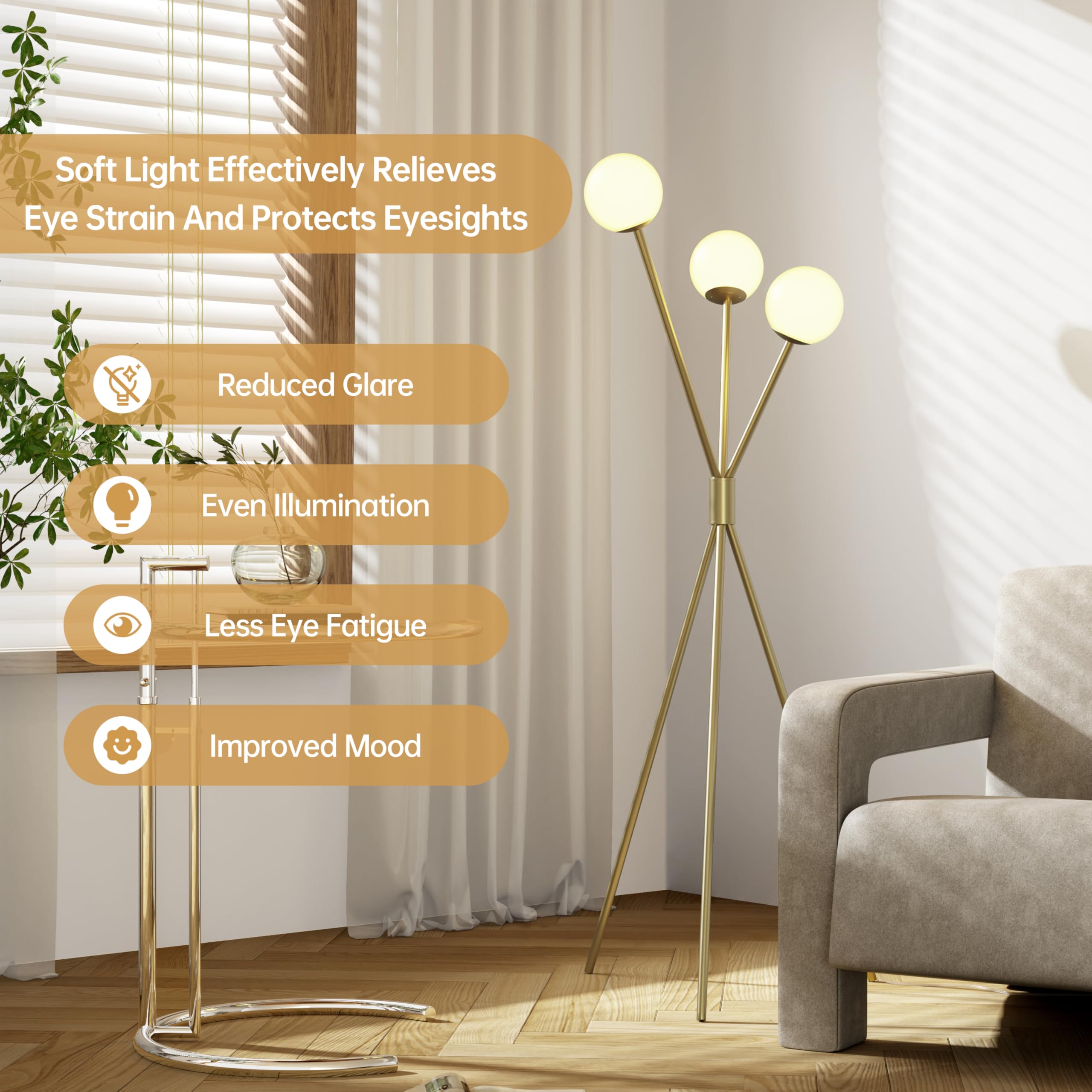 Maxax 65” Brass Gold Tripod Floor Lamp, 3 Lights Globe Shade, Mid Century Modern Design for Living Room and Office