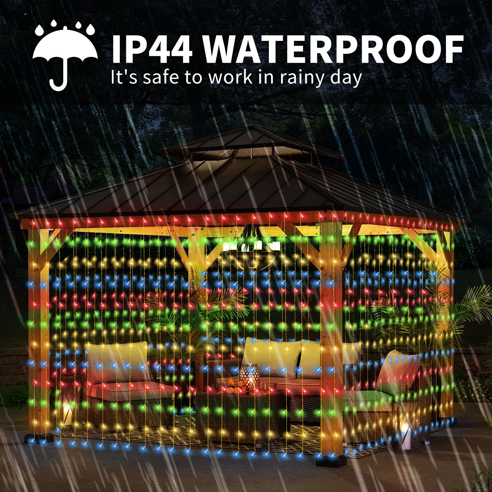 32.8 * 6.56FT Large Size Solar Curtain Lights Outdoor, 8 Modes Outdoor Solar String Icicle Lights, Solar Garden Christmas Lights