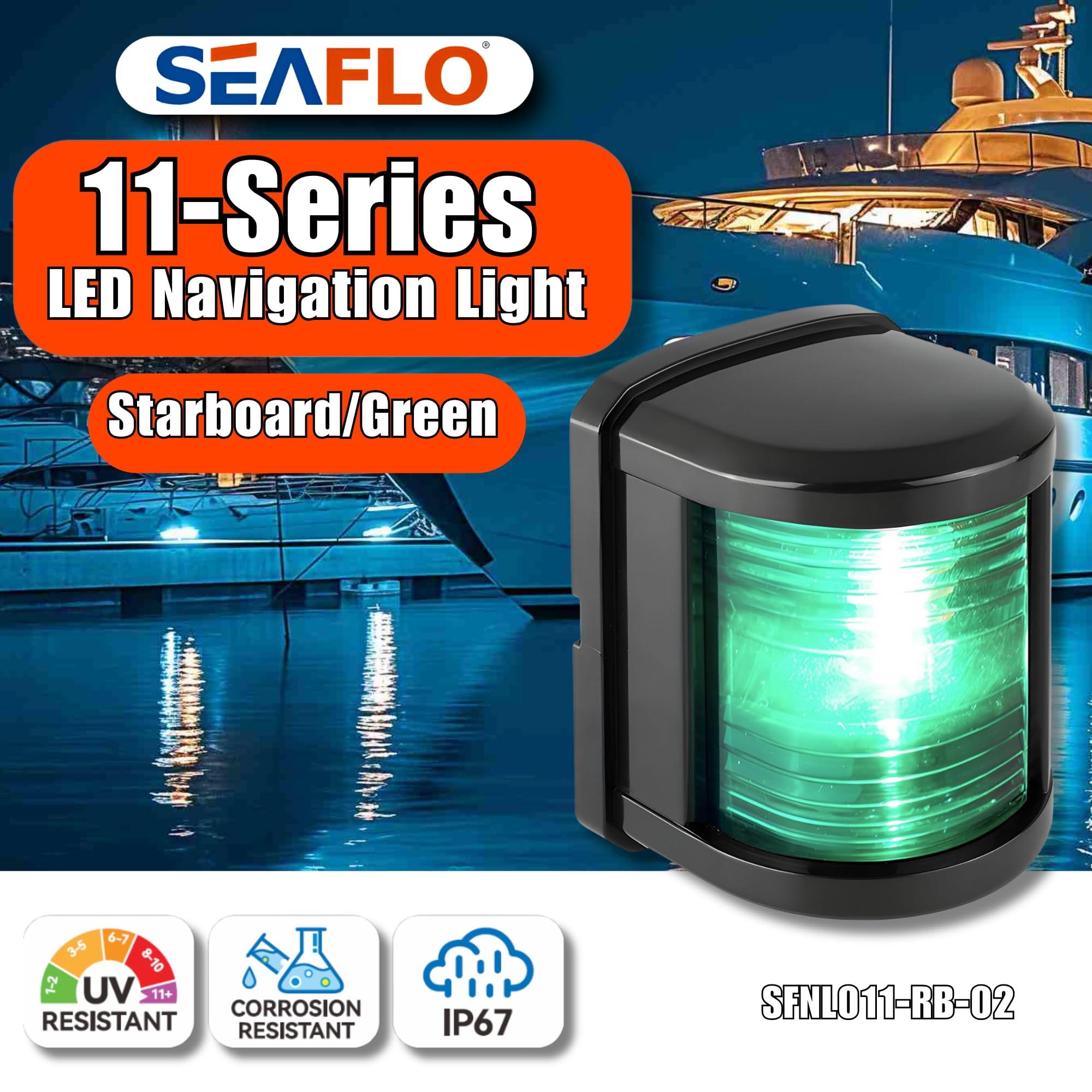 SEAFLO LED Green Starboard Navigation Light – 12V, 1W, IP67 Waterproof, 2NM Visibility, Regular Size, Model SFNL011-RB-02