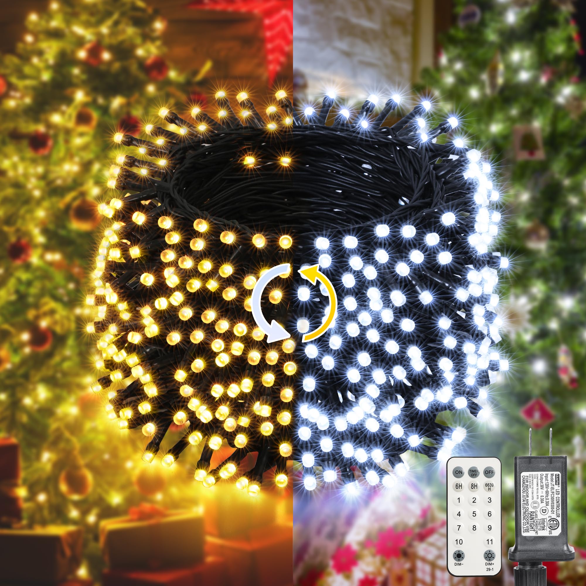 LYHOPE 300 LED Christmas Fairy Lights, 98.4ft Color Changing String Lights, Warm & White, with Remote, Model JT-EL/FC300V0200-C