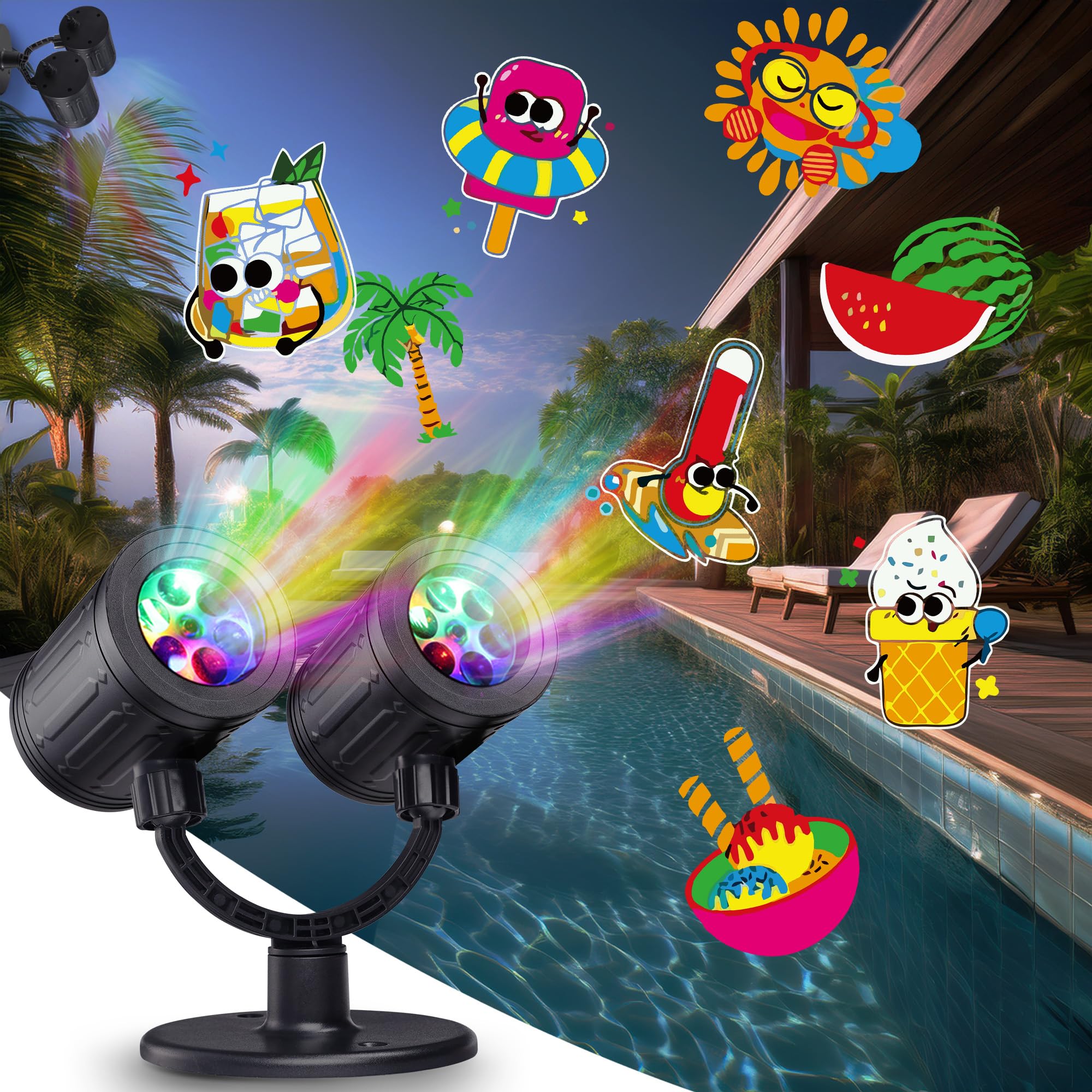 Toodour LED Projector Lights Outdoor, Double Head Dynamic Pool Lights Projector with Timer, Waterproof Indoor Outdoor Decoration