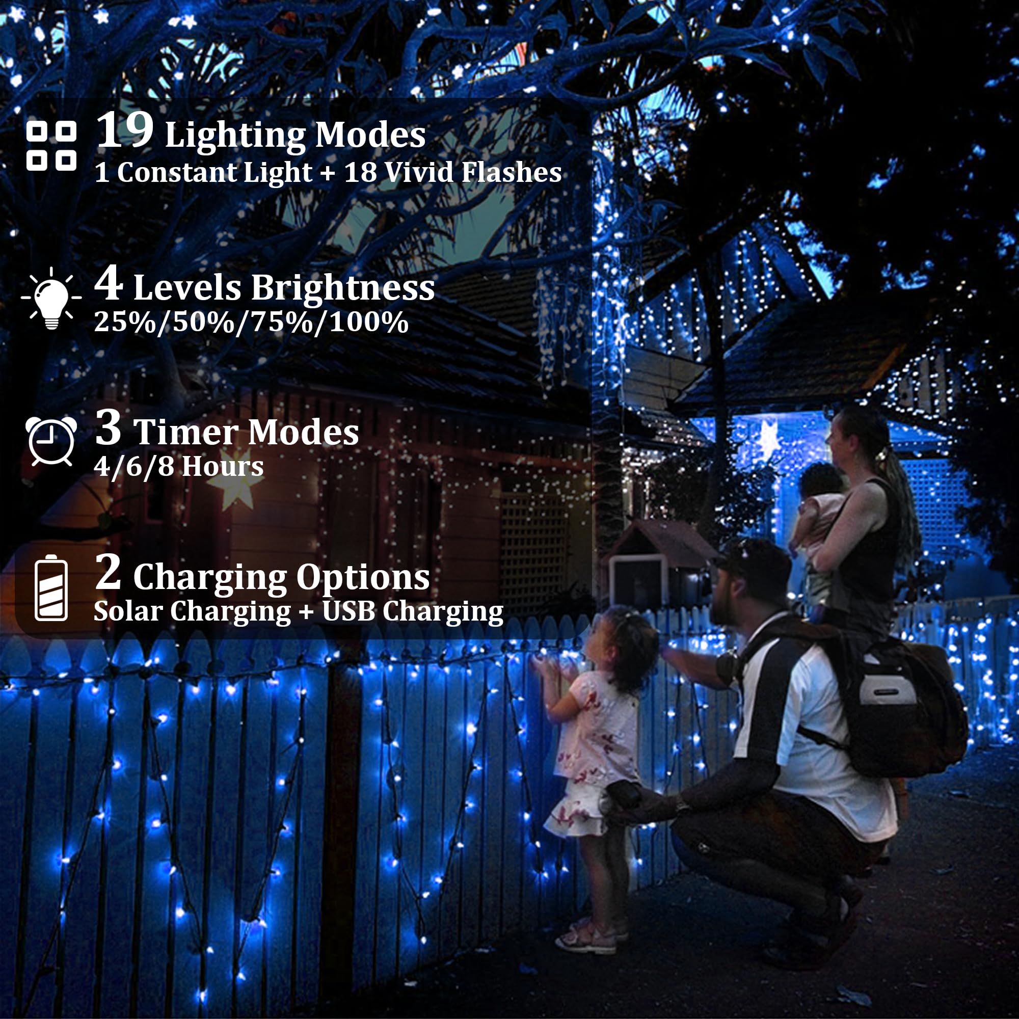 2-Pack 200Ft Solar String Lights For Outside, 600 Led Extra-Bright Solar Light Outdoor With 19 Modes & Timer, Waterproof Fairy Solar Lights For Garden Patio Tree Christmas Decorations (Blue)