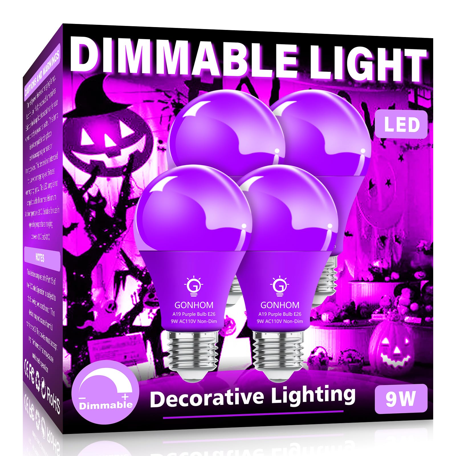 Gonhom 4 Pack A19 LED Purple Light Bulb,9 Watt Purple Lights Equivalent 100 Watt Colored Light Bulbs,E26 Base Purple LED Lights for Party Decoration, Holiday Lighting,Halloween Light Bulbs…