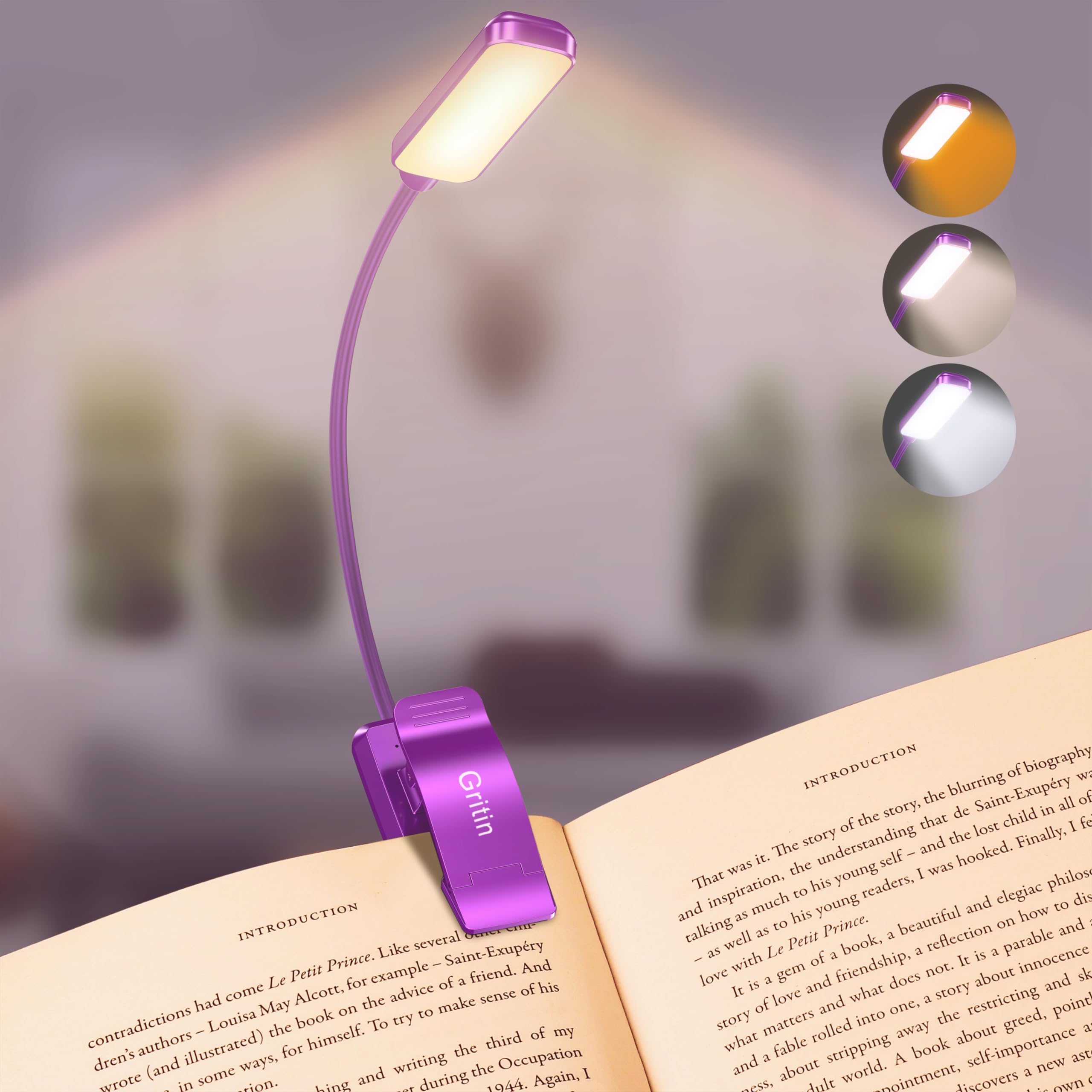 Gritin 9 LED Rechargeable Book Light - Eye Caring, 3 Color Temperatures, Stepless Dimming, Compact Size, Dark Purple, Model G1330