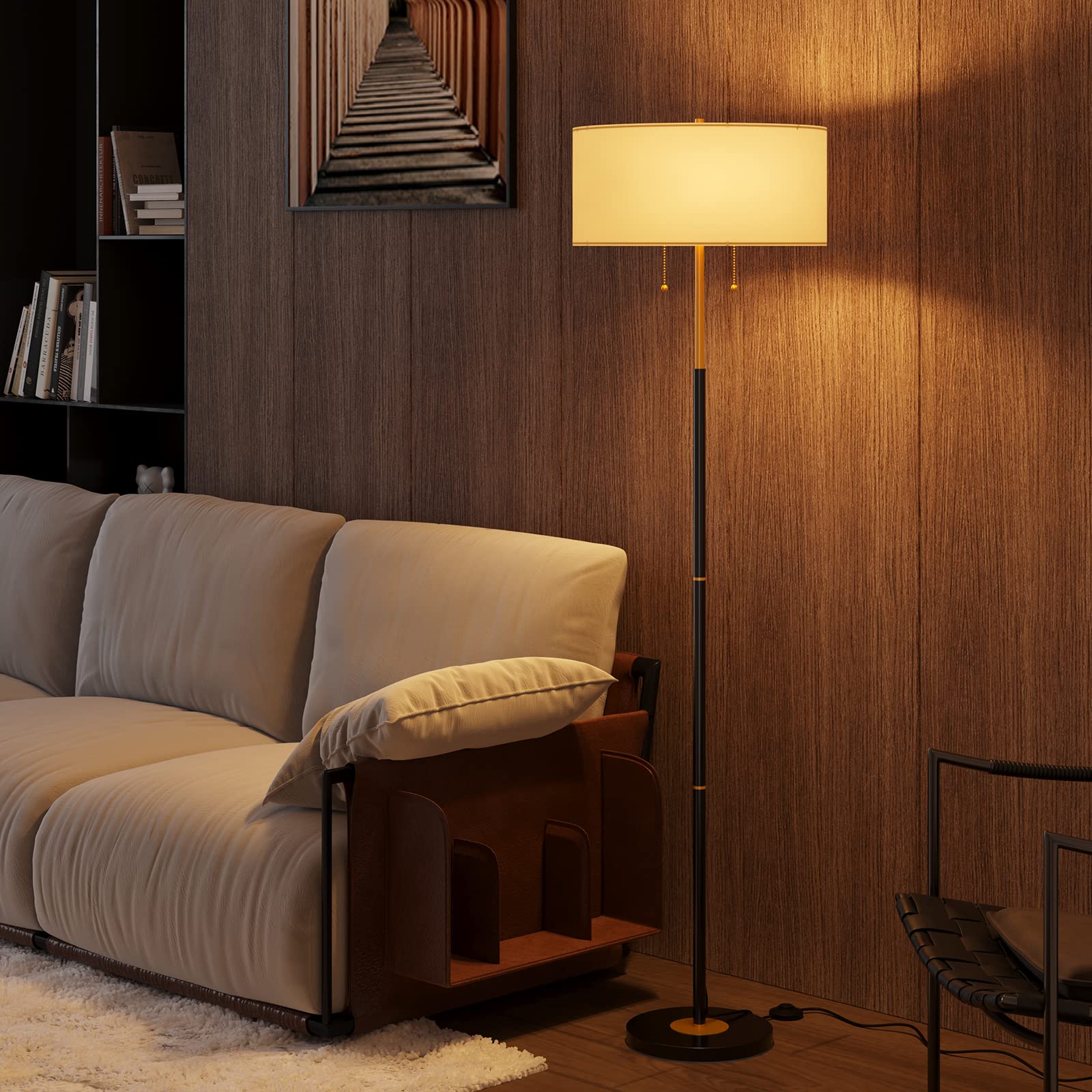 Karjoefar 2-Light Floor Lamp, Mid Century Design, Metal, White Fabric Shade, 61in, Black/Gold, Includes 9W Bulb, 3 Color Temperatures