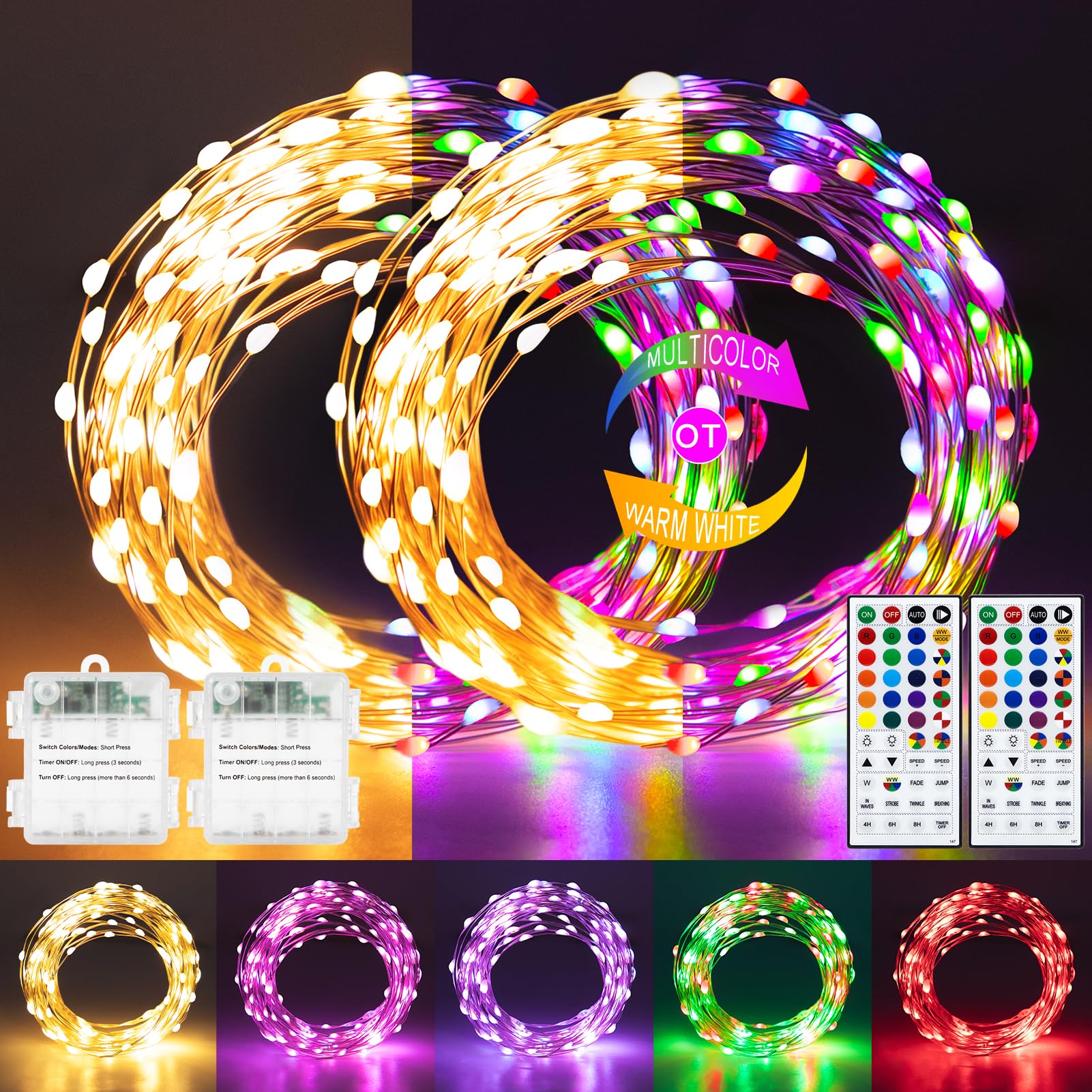 echosari 2 Pack Fairy Lights, 66Ft 200 LED RGB Color Changing & Warm White, Copper Wire, Model ES-String Lights