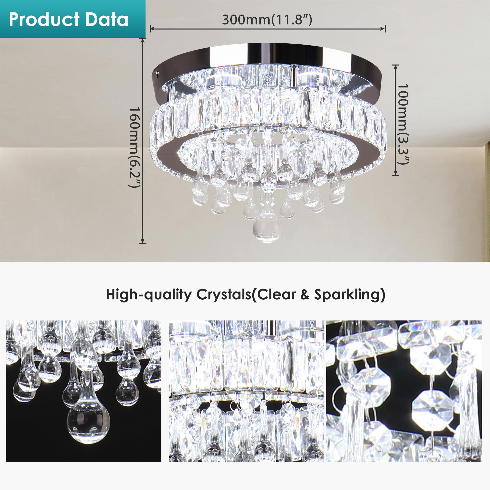 Ypqxyhda 11.8'' Crystal Chandeliers Flush Mount Chandelier Ceiling Light Fixture Modern Crystal Ceiling Light For Bedroom Living