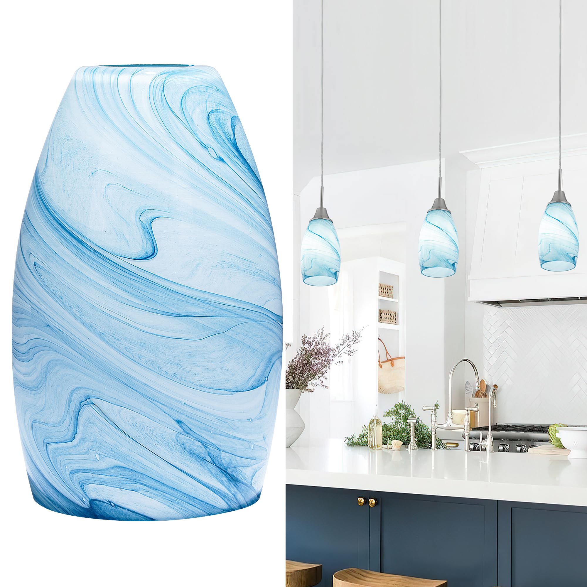 Blue Oval Glass Lamp Shade Only Art Marble Glass Light Shades for Kitchen Island pendant Lights Covers Light Fixture Replacement