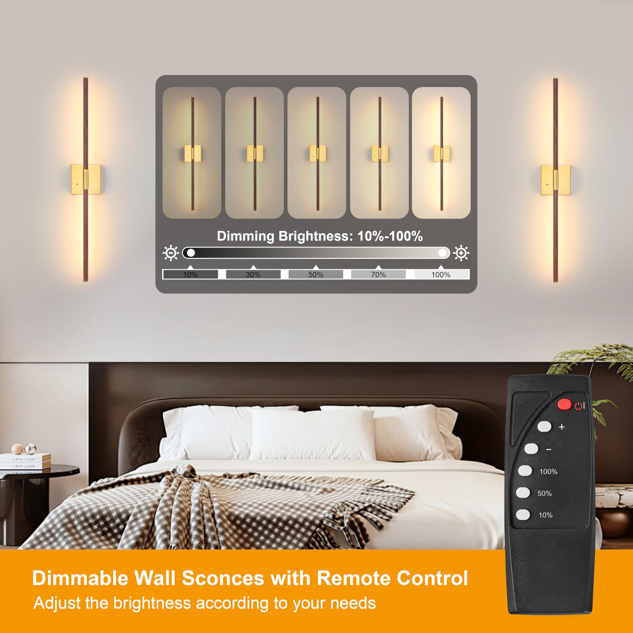 Morauroral Walnut Battery Operated Wall Sconces With Remote Control, Rechargeable Wall Sconces Set Of 2, Led Sconces Wall Lighti