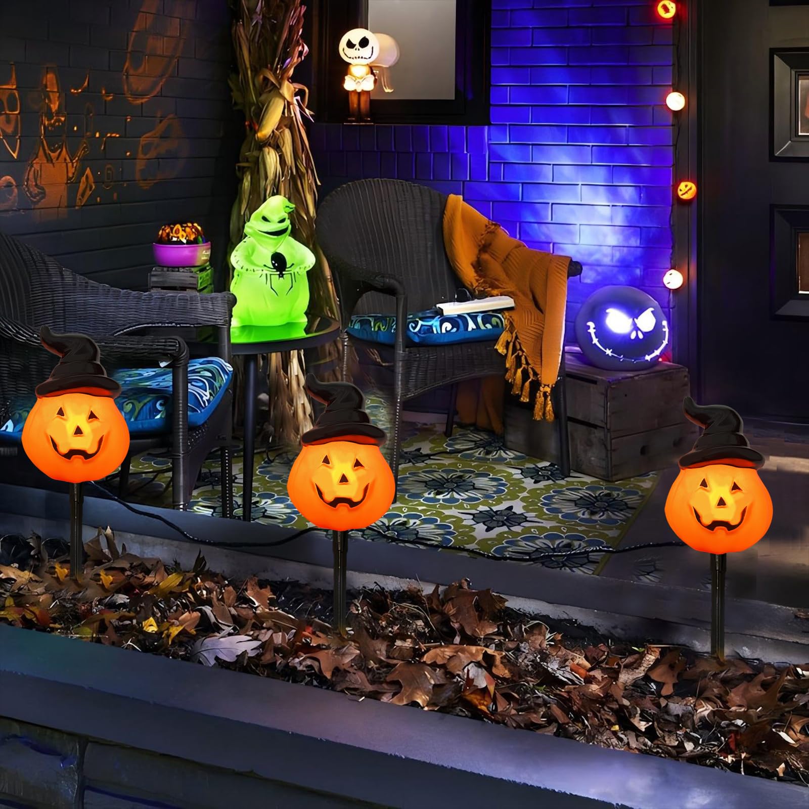 4 Pack Halloween Pumpkin Witch Hat Pathway Lights -7Ft Led Outdoor Halloween Decorations, Waterproof Halloween Garden Stake Ligh