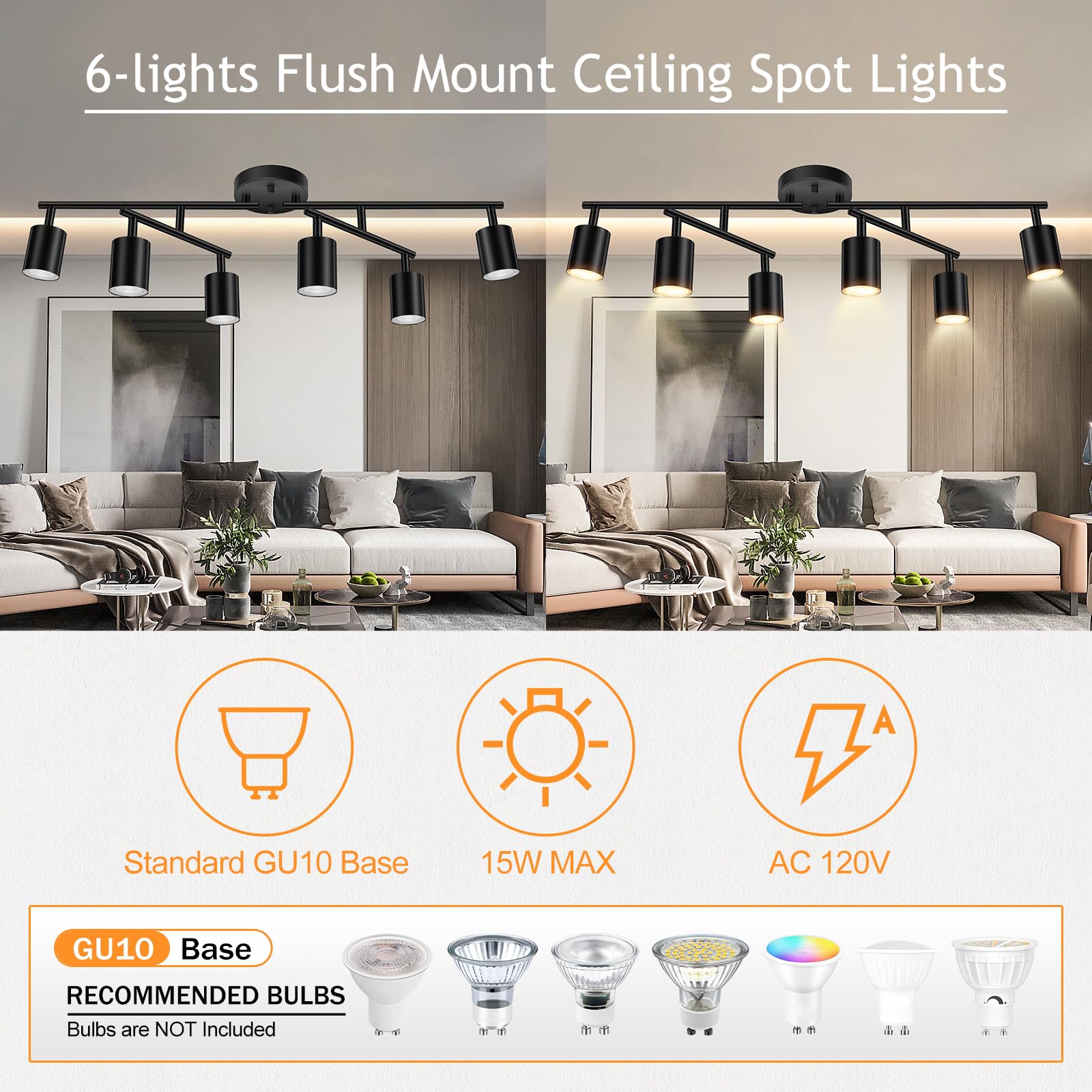 Boostarea 6 Light Track Lighting Kit, Black 6 Way Ceiling Spot Lighting, Center Swivel Track Light Heads, Flexibly Rotatable Lig