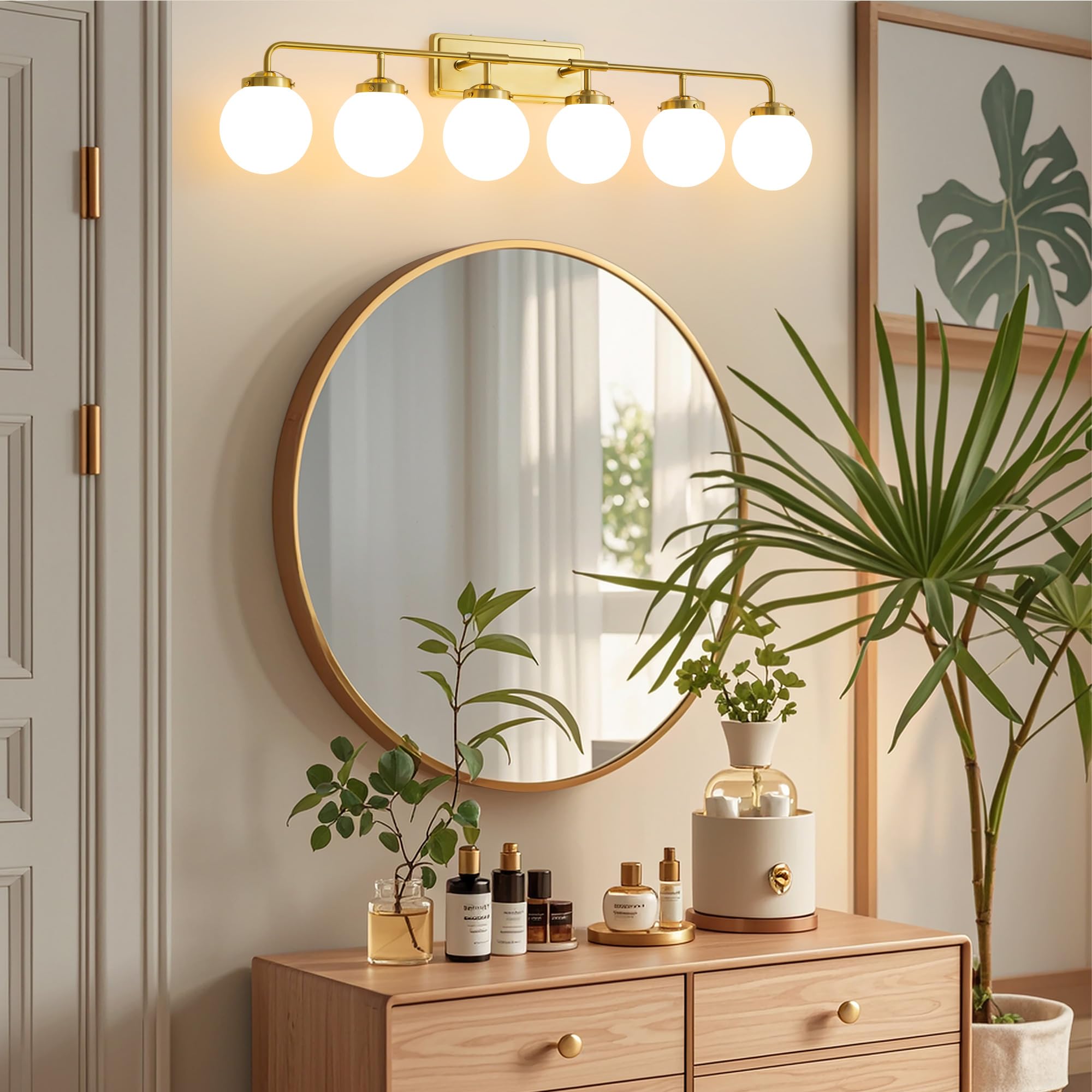 Deyidn Gold Bathroom Light Fixtures 6-Light Modern Wall Sconce with White Glass Globe Shade, Model 1758