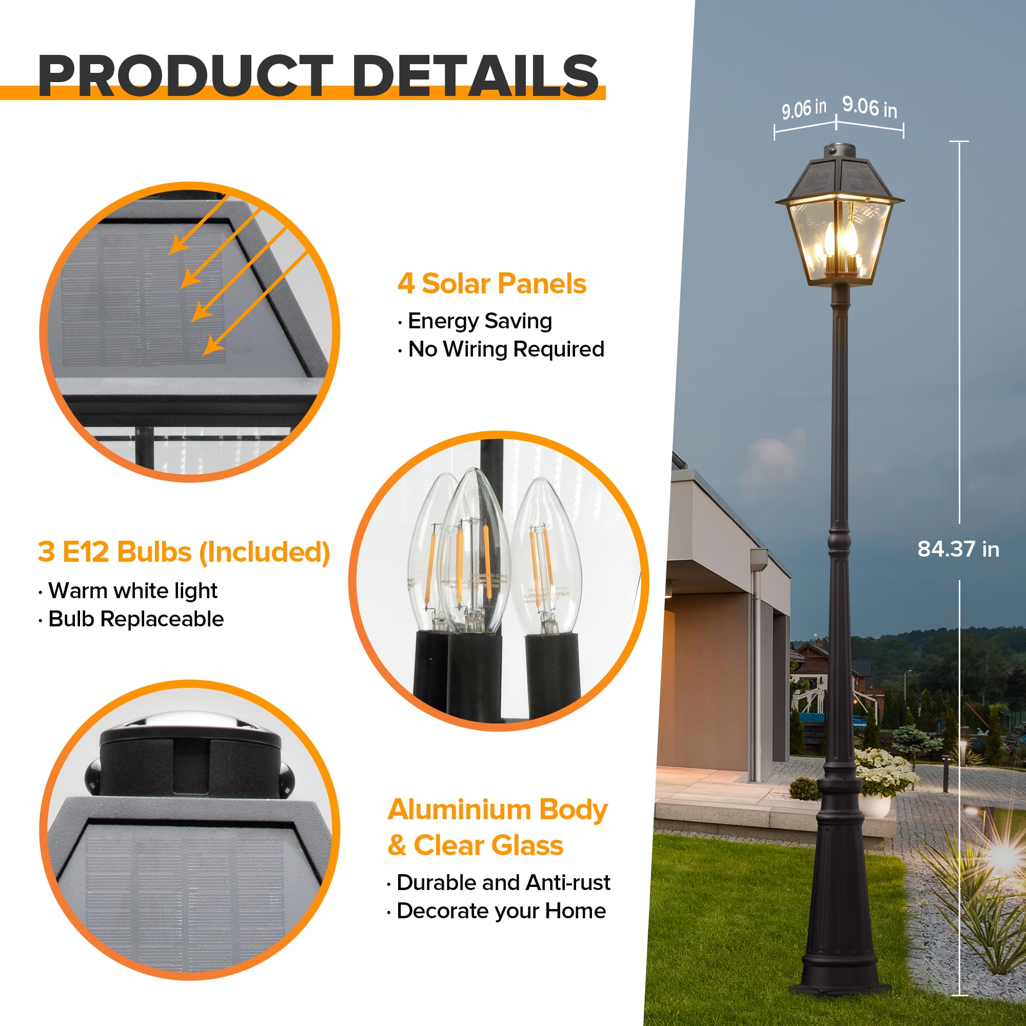LUTEC Outdoor Solar Lamp Post Light with Motion Sensor, Waterproof, Vintage Black, Model 6974005012, Head+Post Size