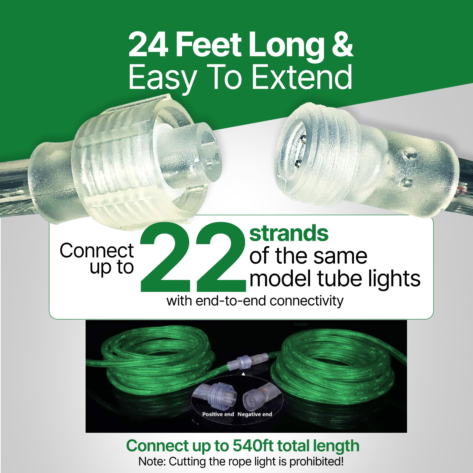 Tupkee LED Rope Light 24ft Green, Indoor/Outdoor Use, 10mm Diameter, Pack of 2, Long Life 144 LED Bulbs, PVC Tube and Copper Wire