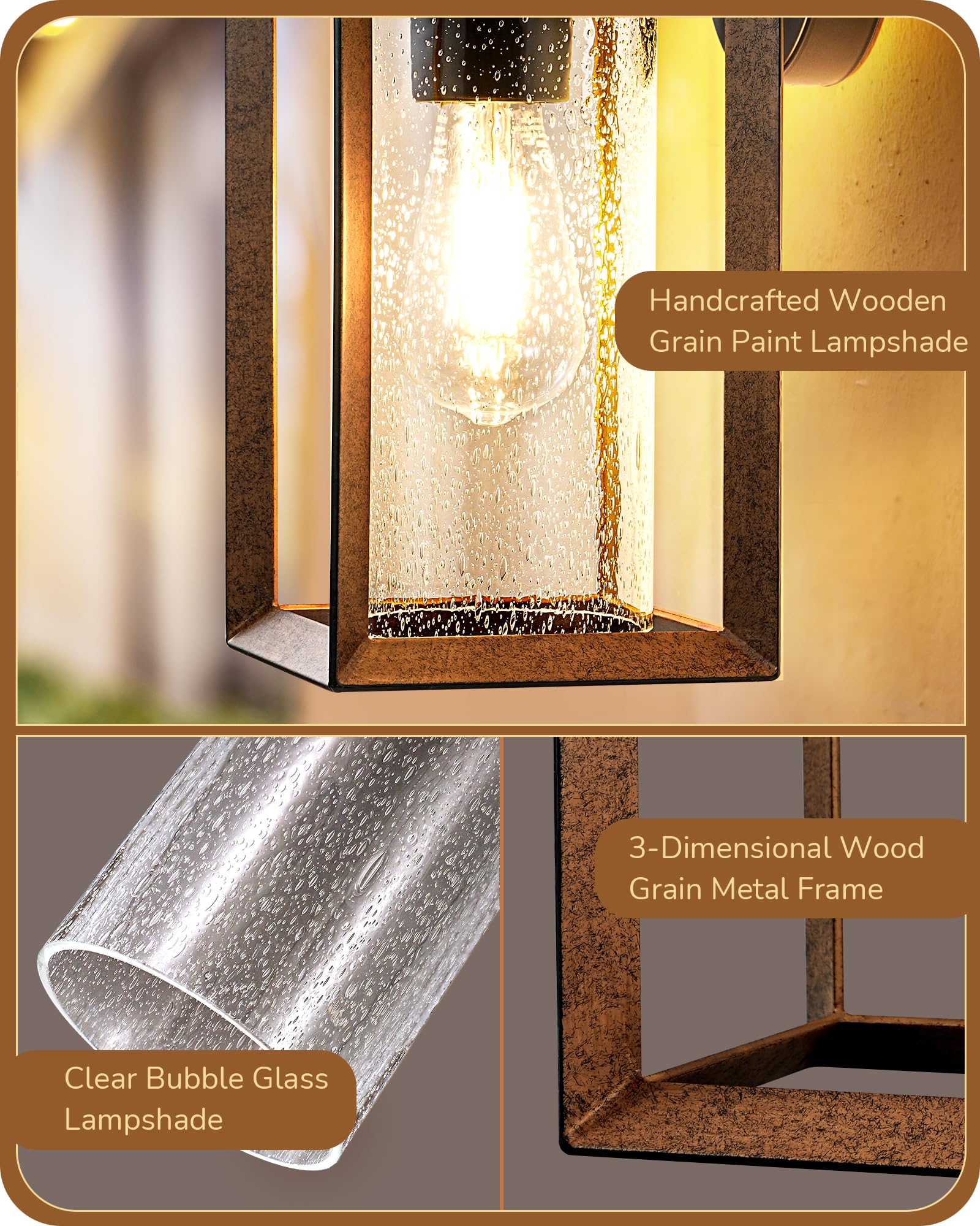 EDISHINE Dusk to Dawn Outdoor Wall Lights, Farmhouse Exterior Lighting Fixtures with Seeded Glass, Wood Grain Finish Porch Light