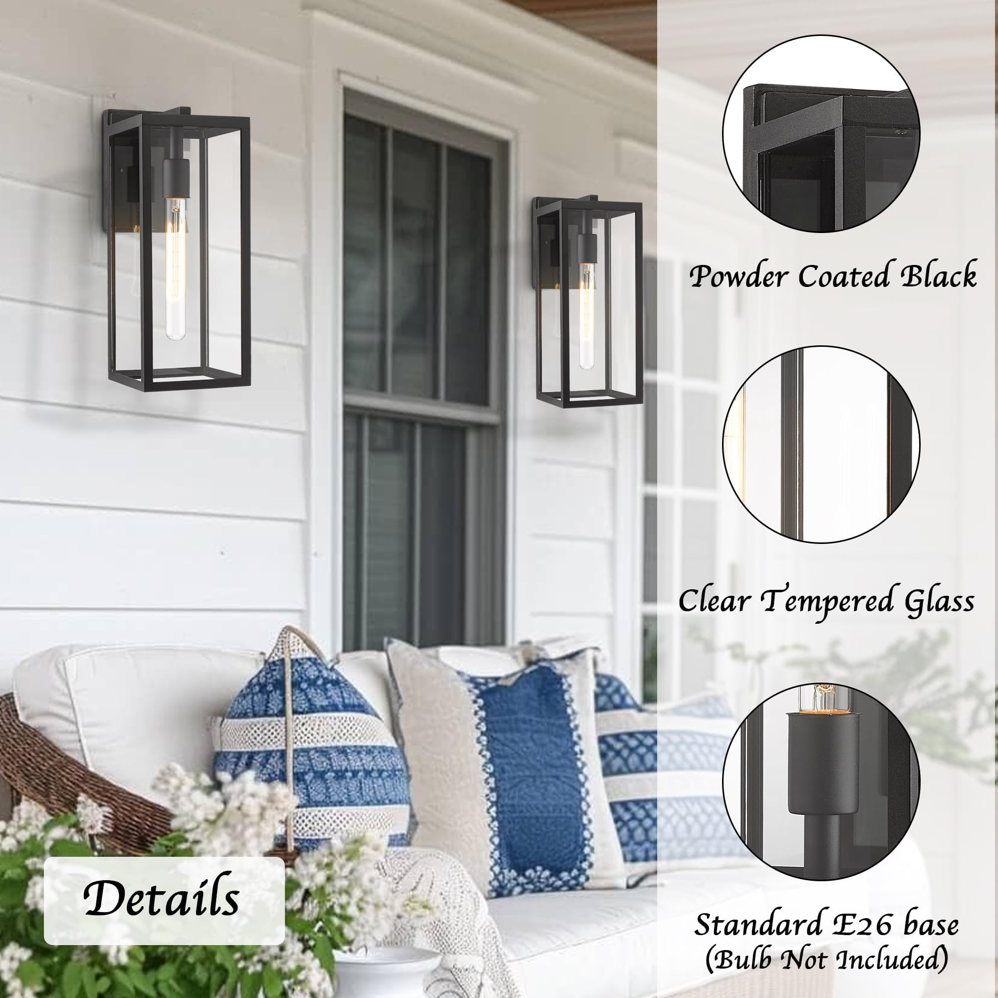 Bestshared Outdoor Wall Lantern, Black Metal Sconce Light, 2 Pack, Anti-Rust with Clear Glass, Model CLK200
