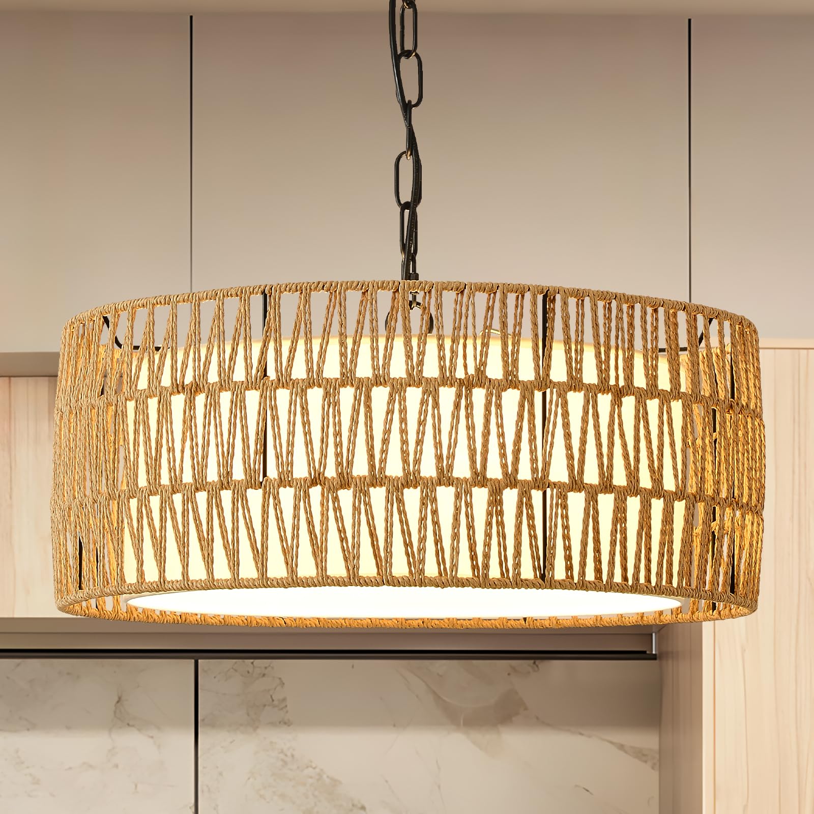 Jtyp Farmhouse Rattan Chandelier Light Fixture, Boho Pendant Light Hand Woven Chandeliers For Dining Room With Fabric Shade, Lar