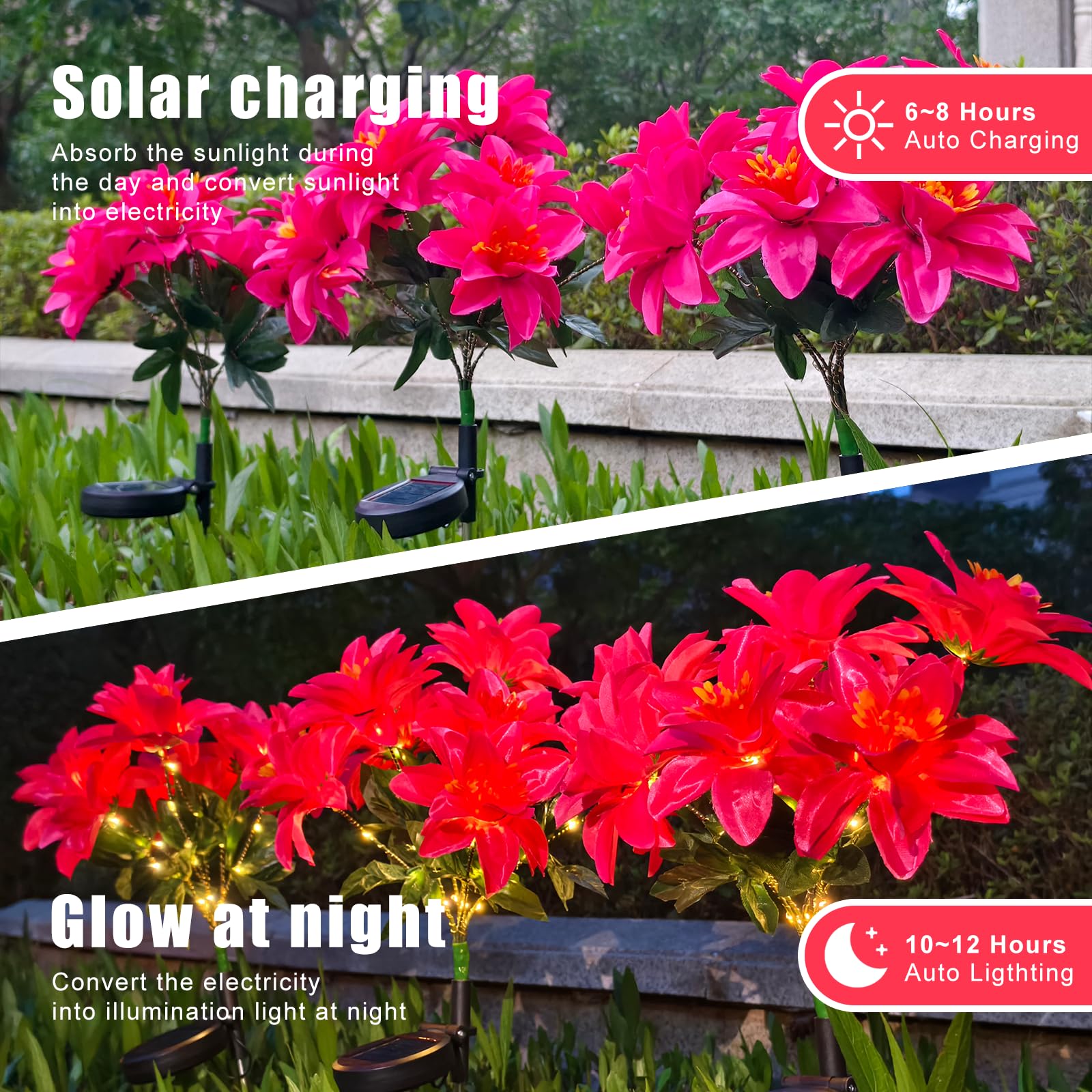 Neporal Solar Flowers Outdoor Waterproof Rhododendron,Garden Solar Lights Decorative 4PK 7-Stem, 2 Lighting Modes, Solar Powered