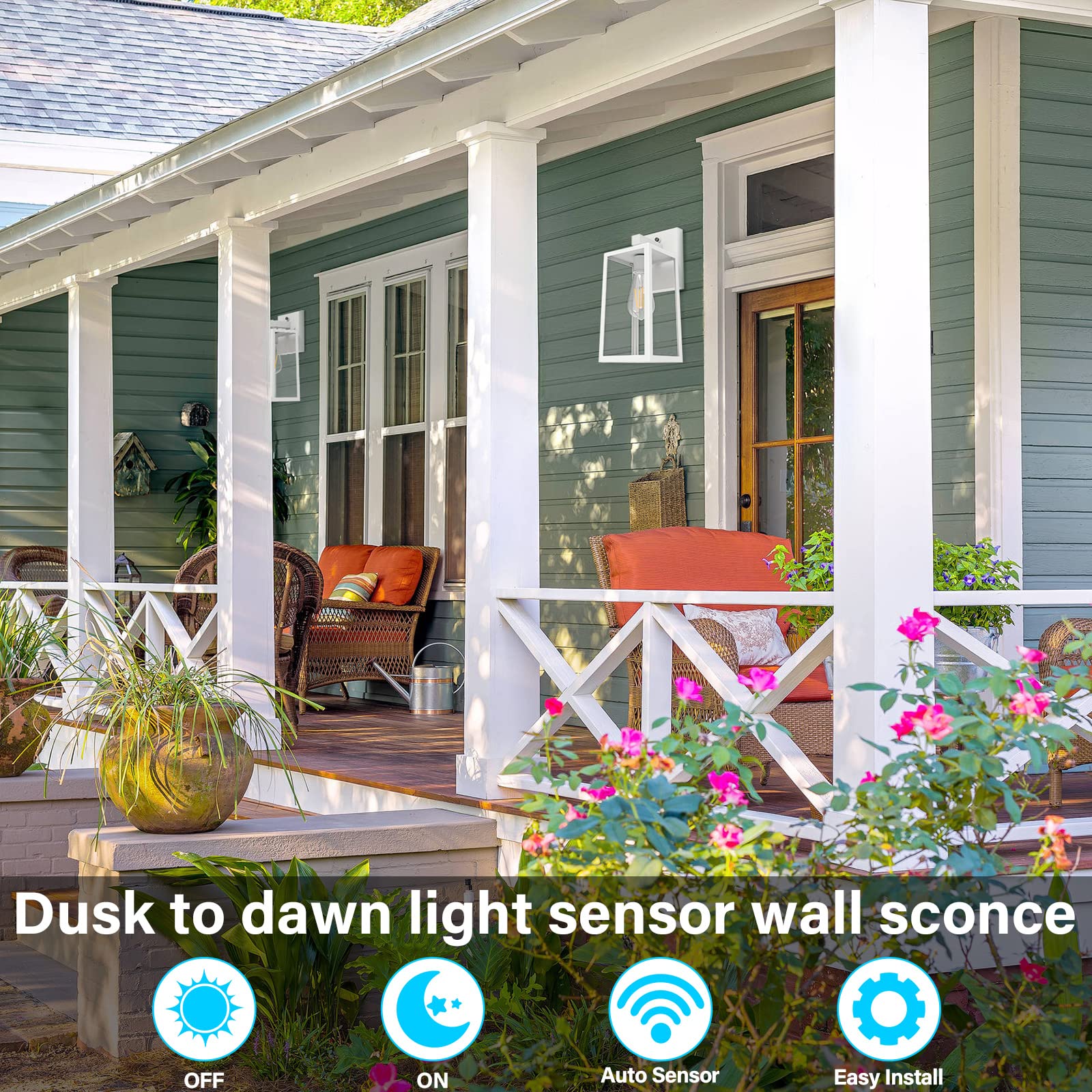 SHINE HAI Dusk to Dawn Outdoor Wall Lantern, Waterproof Sconce Light, E26 Socket, Large, White, Model 2032T-LS, 2 Pack