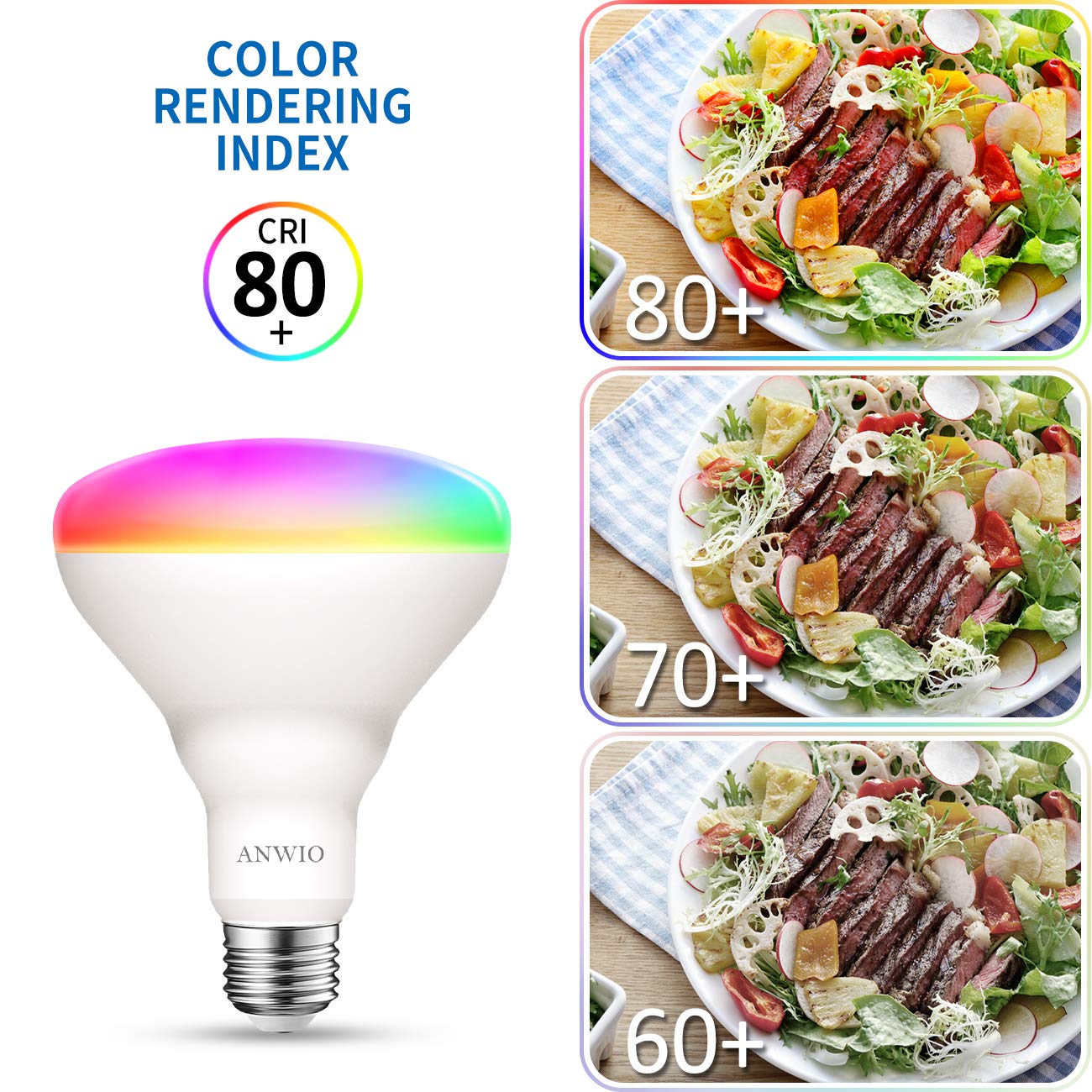 ANWIO Smart Light Bulb BR30 RGB Dimmable LED 8.5W E26 WiFi Compatible with Alexa & Google Assistant - 4 Pack