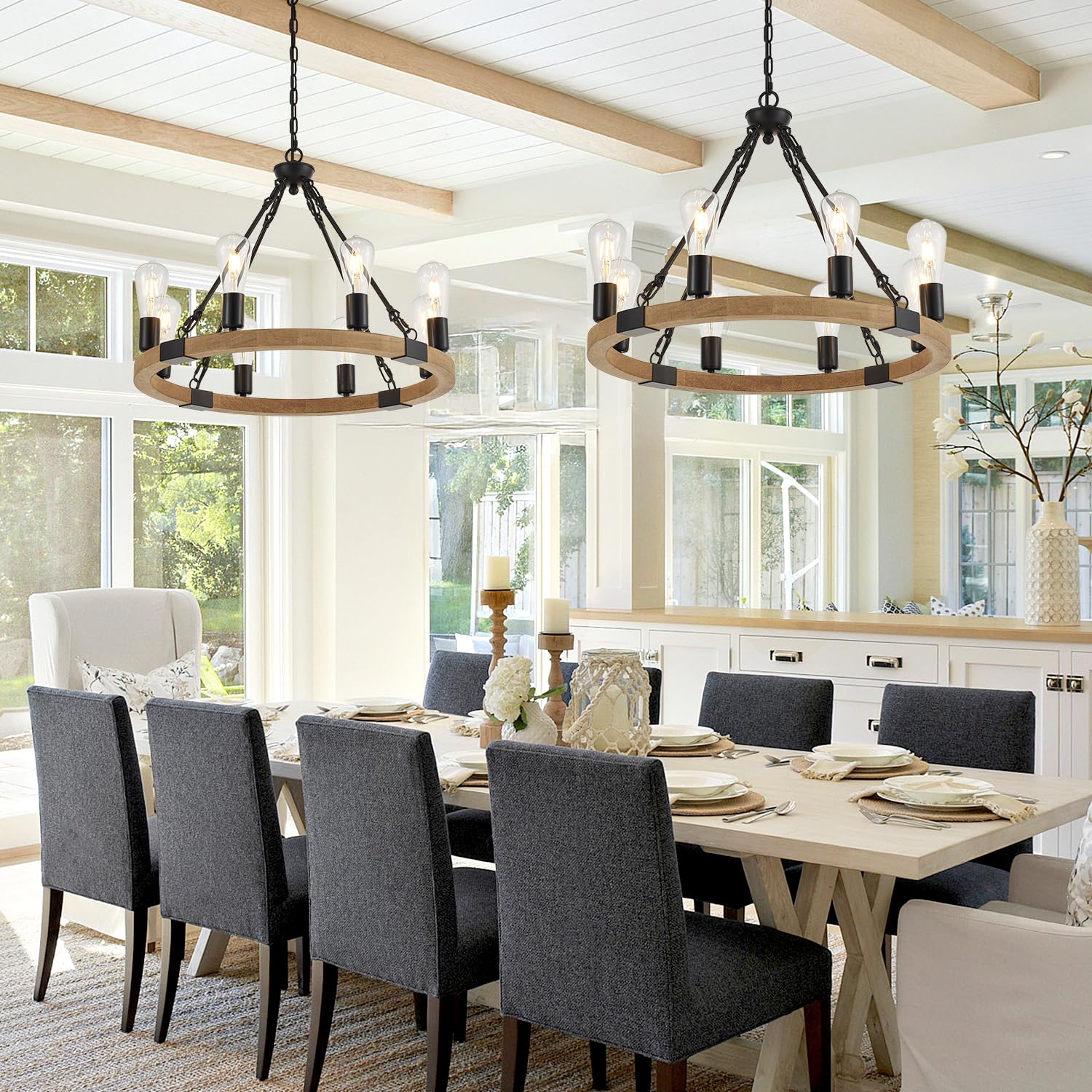 brfaixla 8-Light Wooden Wagon Wheel Chandelier, 23.6'' Natural Farmhouse Pendant Light, Black Metal, Model MD2213-8B