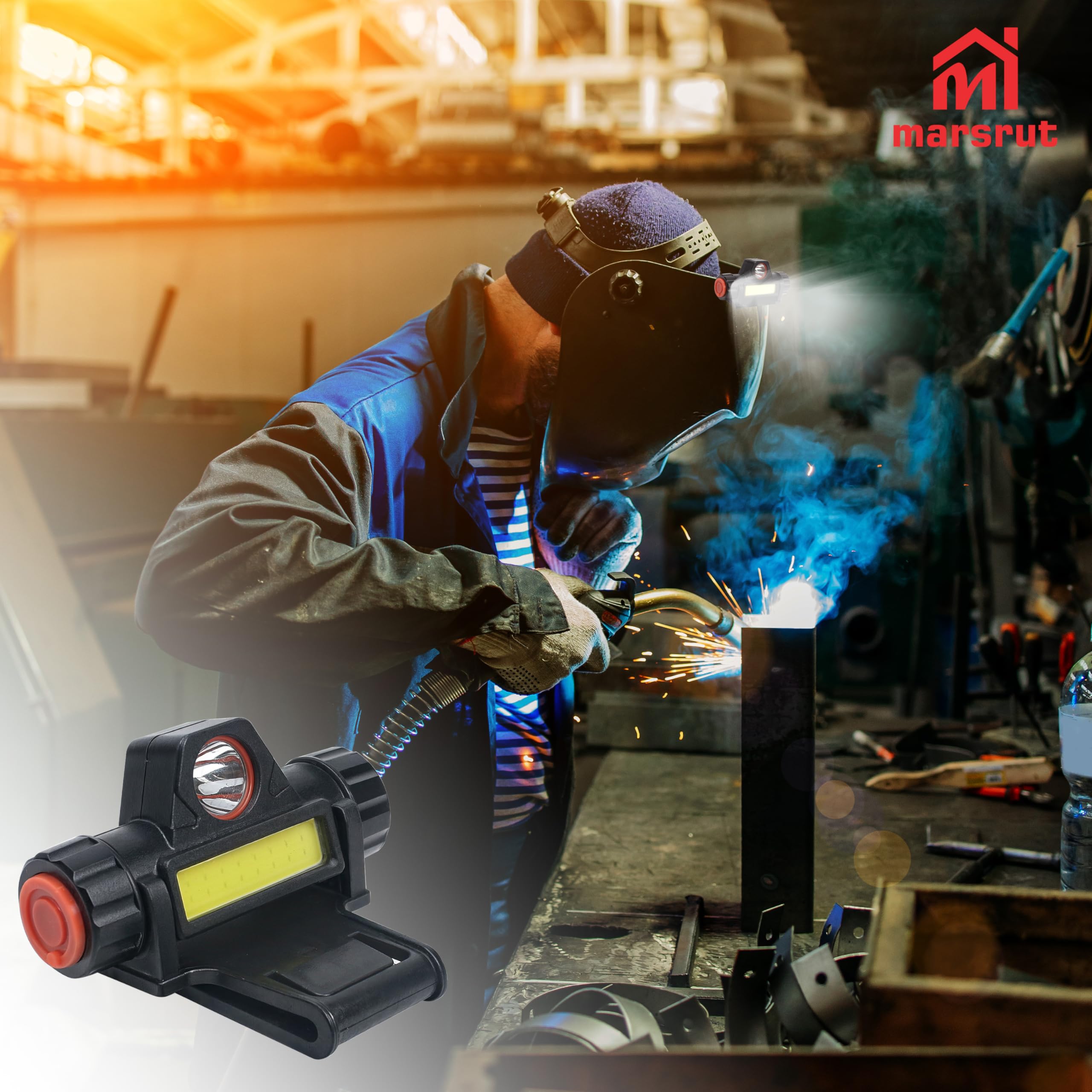Marsrut Welding Helmet Light - Rechargeable LED Headlight with Mount Holder, Black