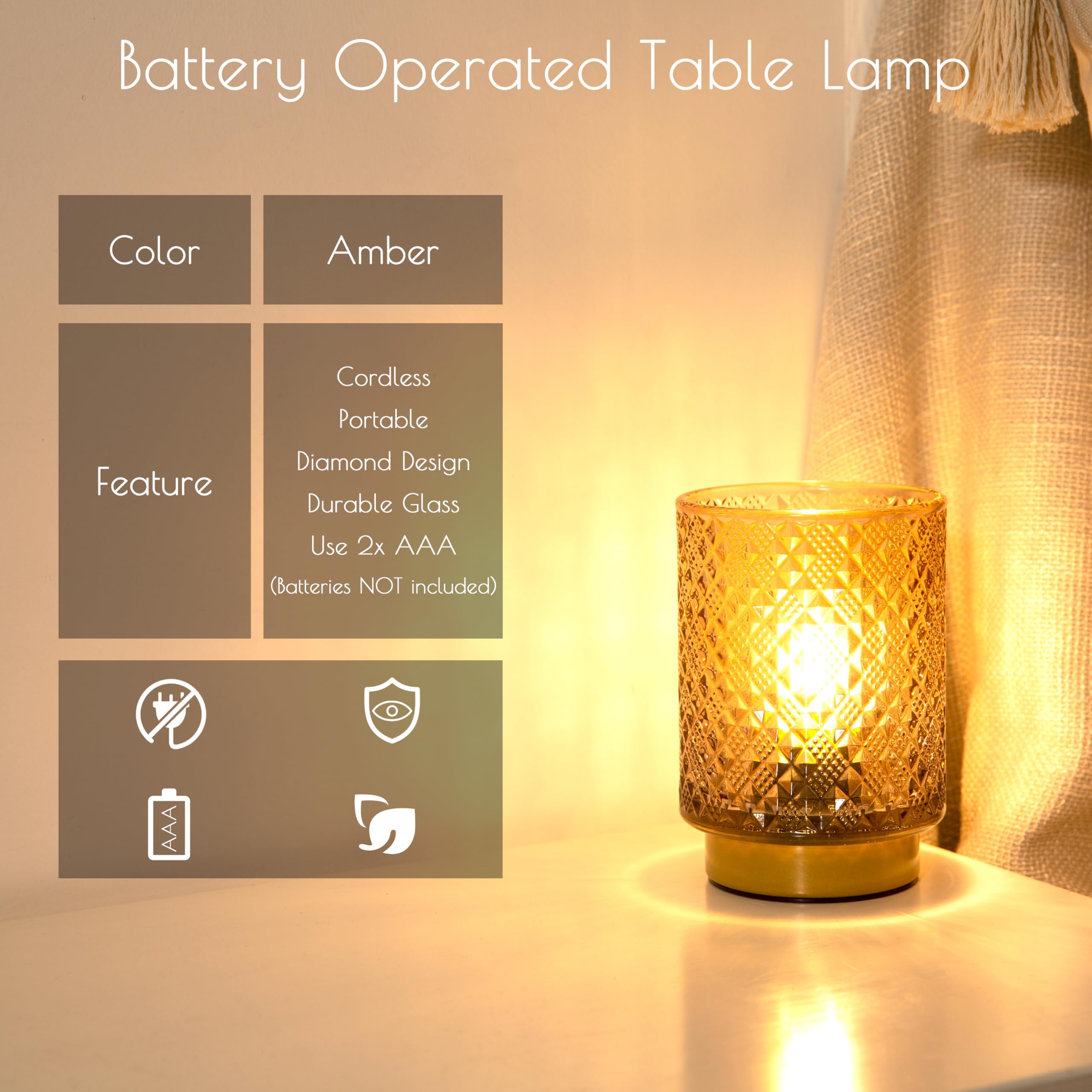 Lusharbor Battery Operated Lamp With Timer, Small Table Lamp With Led Bulb, Glass Cordless Lamps Bedside Battery Operated Lamp F