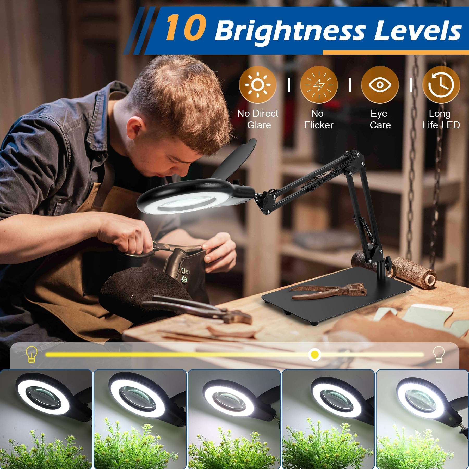 10X Magnifying Glass With Light And Stand, Magnifier With Light Hands Free, Lighted Led Magnifying Lamp Stepless Dimming Magnify