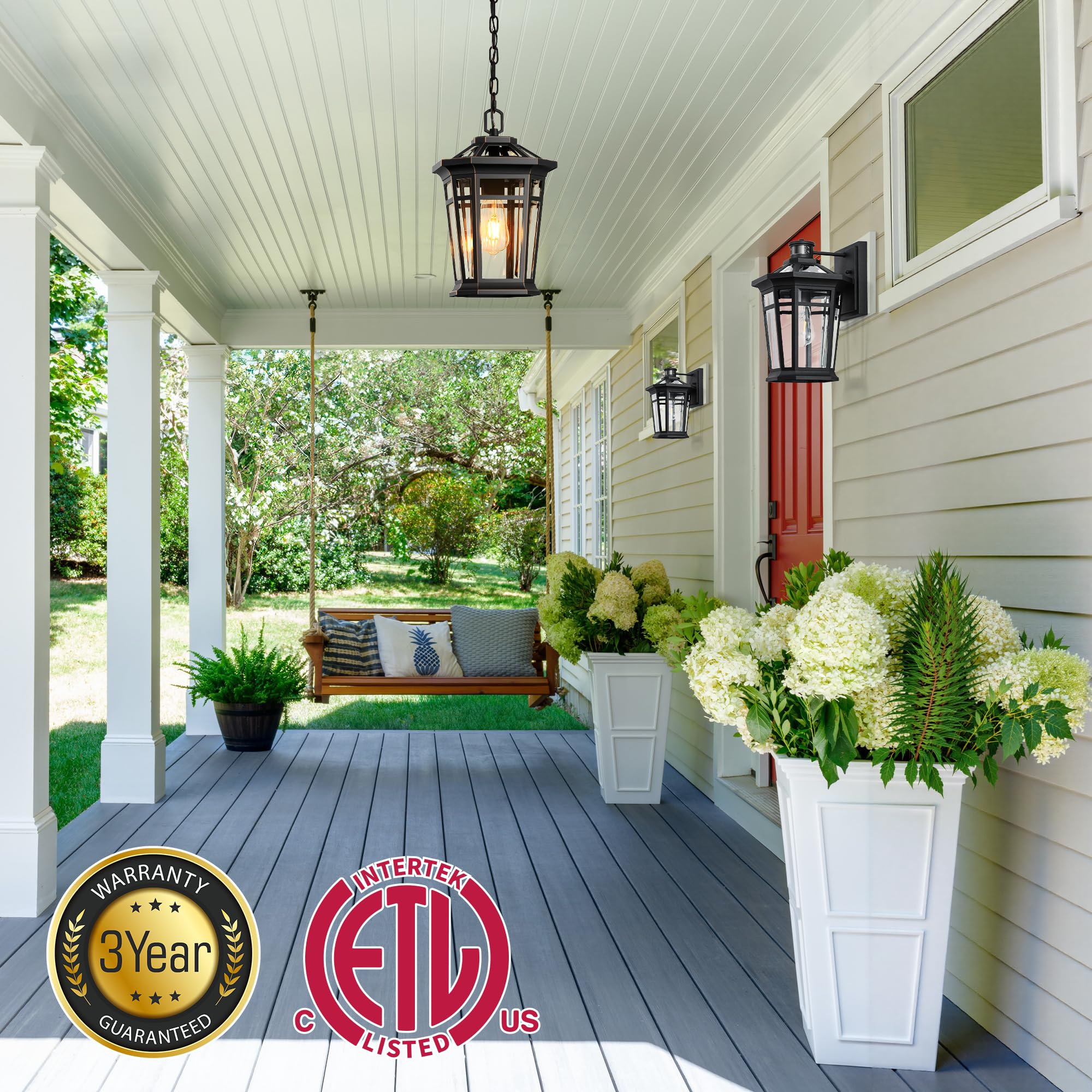 VIANIS Large Outdoor Pendant Light, Black & Gold Aluminum Chandelier, Adjustable Chain, Tempered Glass, Model V8309M
