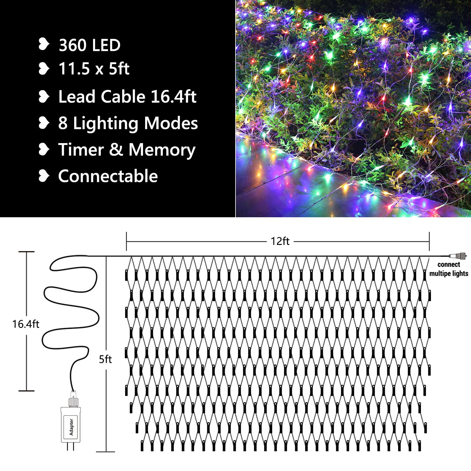 11.5Ft X 5Ft Christmas Net Lights Outdoor, 360 Led Net Lights With 8 Modes, Connectable, Timer, Waterproof Low Voltage Bush Mesh
