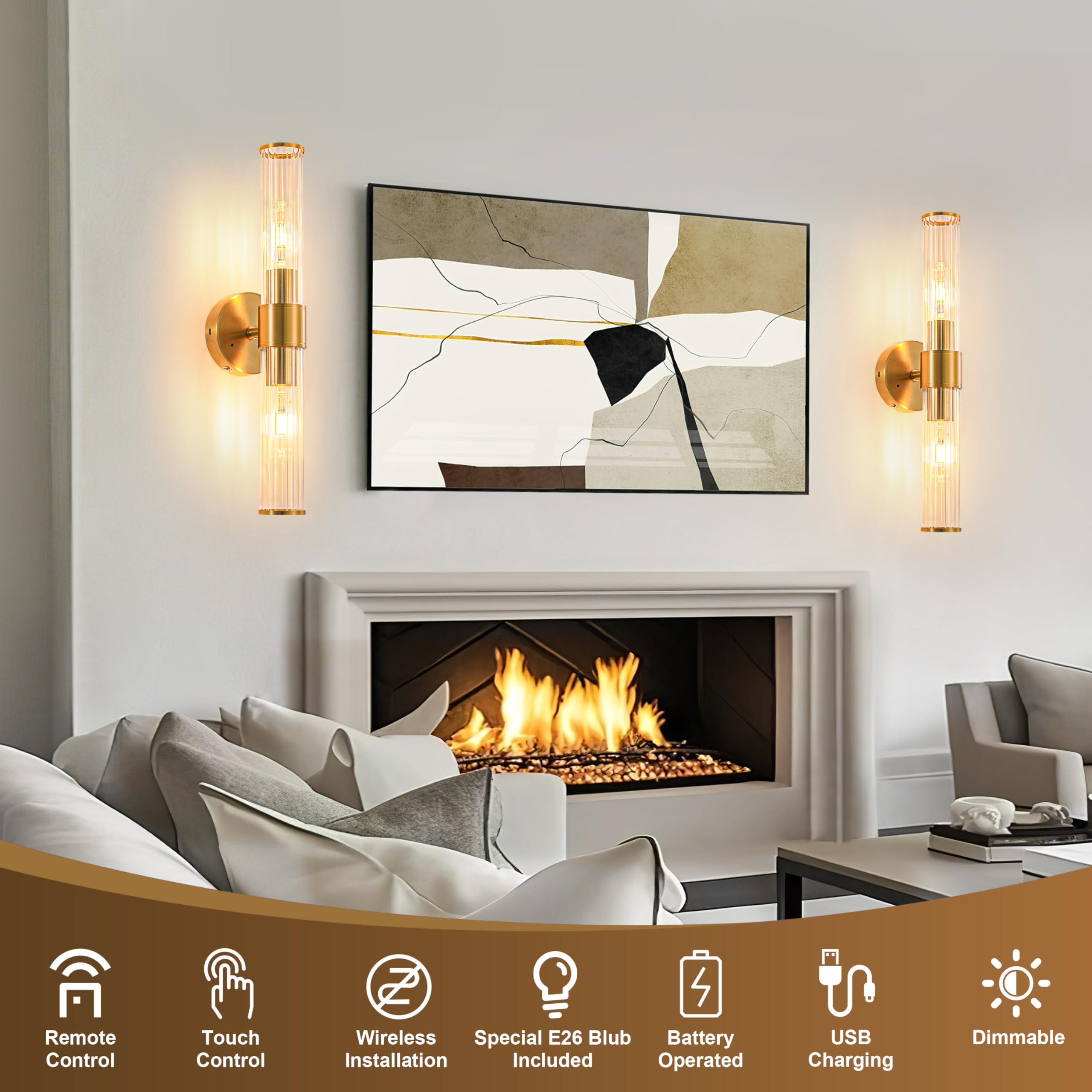 Gold Battery Operated Wall Sconces Set of 2, Rechargeable Wall Lights with Dimmable Remote Control, 20 Modern Sconces Wall Decor