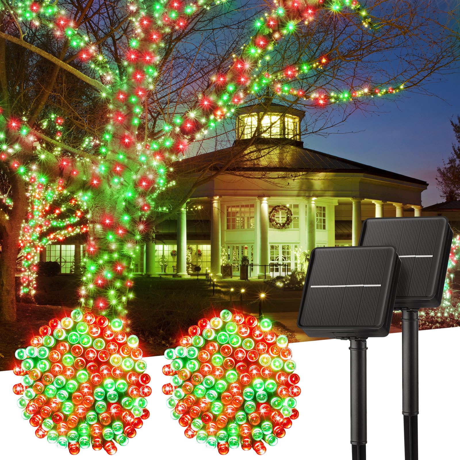 Minetom Solar Christmas Lights Outdoor Waterproof, 2 Pack Total 80FT 200 LED Solar Lights with 8 Modes, Solar Christmas Outdoor Decoration, Solar String Lights for Outside House Tree, Red & Green