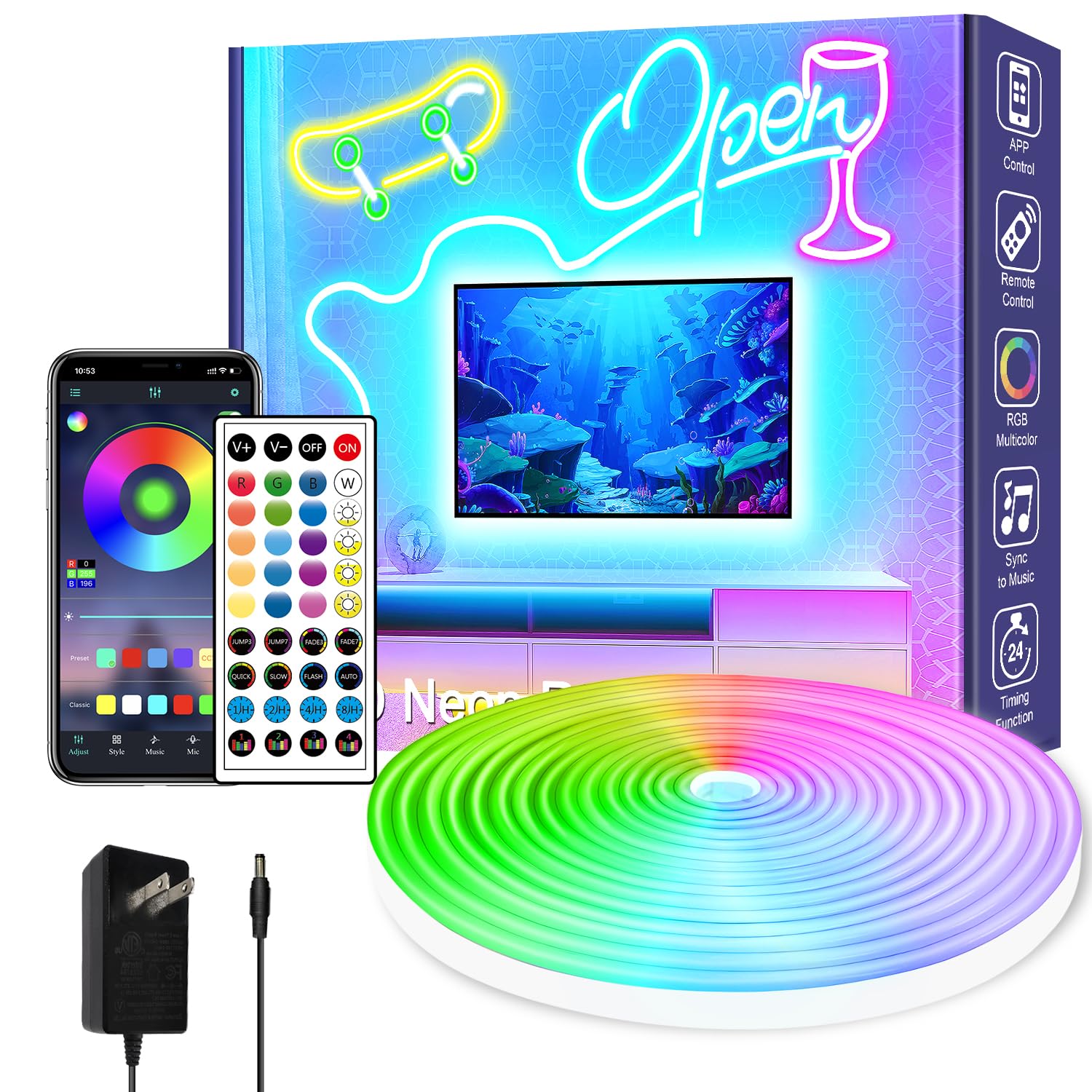 Vimeepro 32.8Ft Rgb Led Neon Rope Lights, Music Sync, Ip65 Waterproof, Remote/App Control